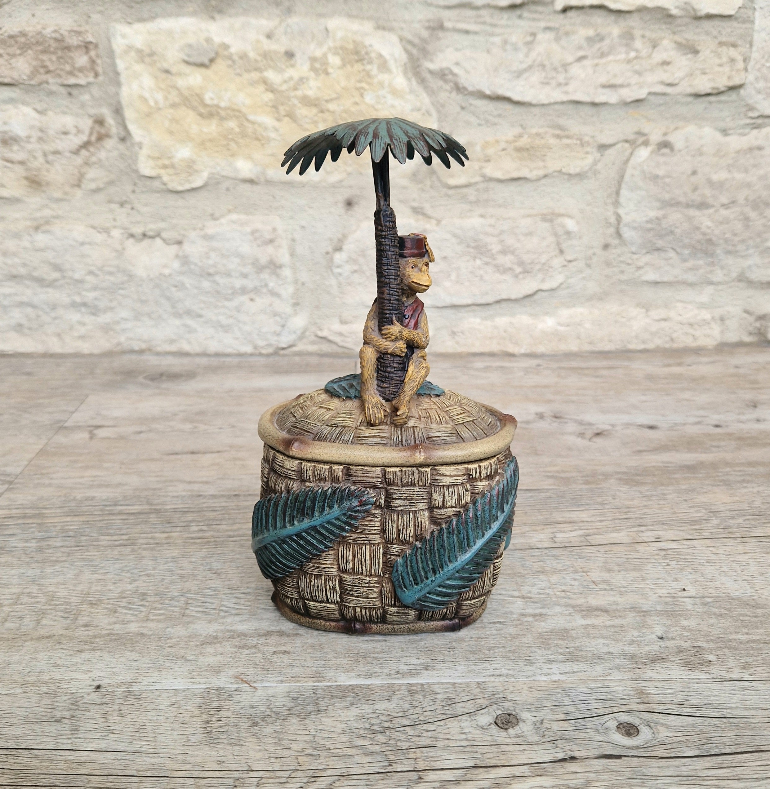 Vintage Novelty Monkey in Fez on Palm Tree Resin Trinket Pot .1980s Heavy Resin Decorative Monkey Lidded Trinket Pot 20cm Tall 916 Grams