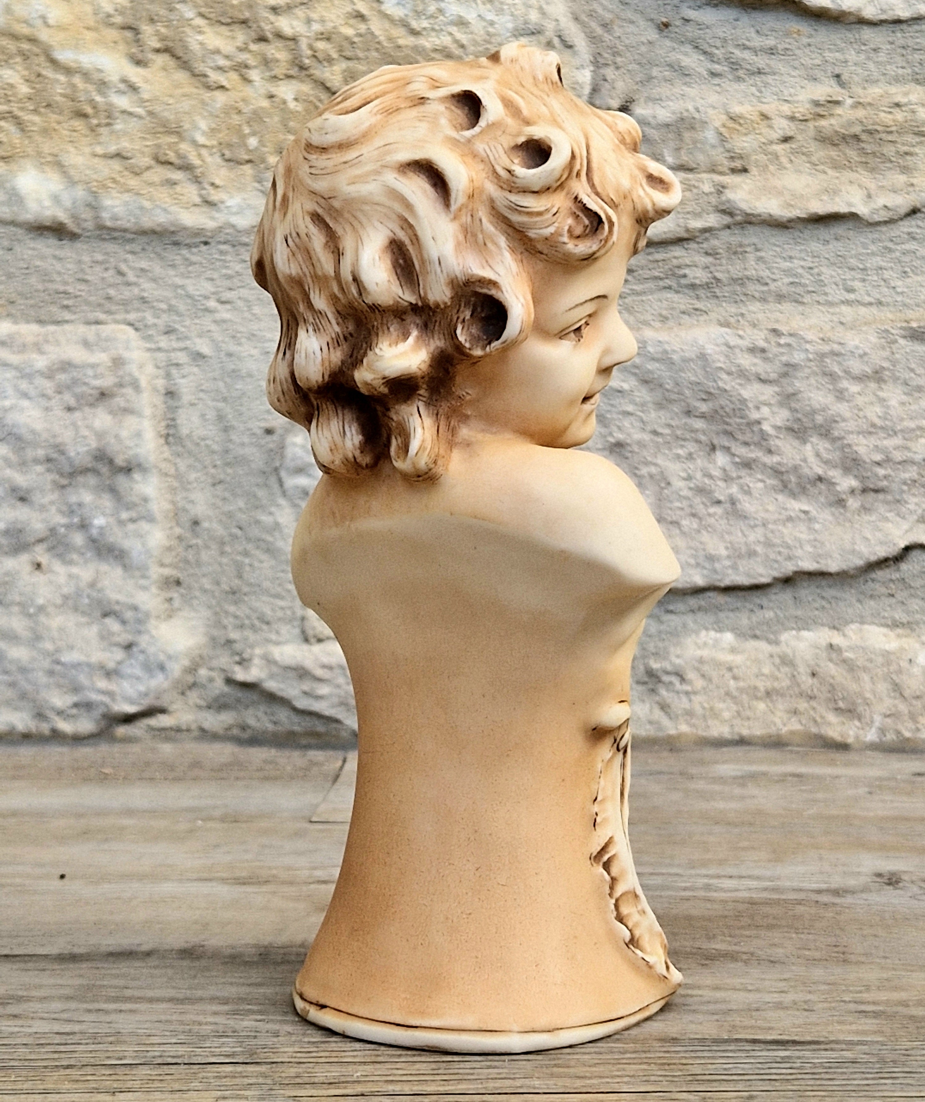 Antique NeoClassical Continental Patinated Bisque Porcelain Putti Child Bust Figure Ornament