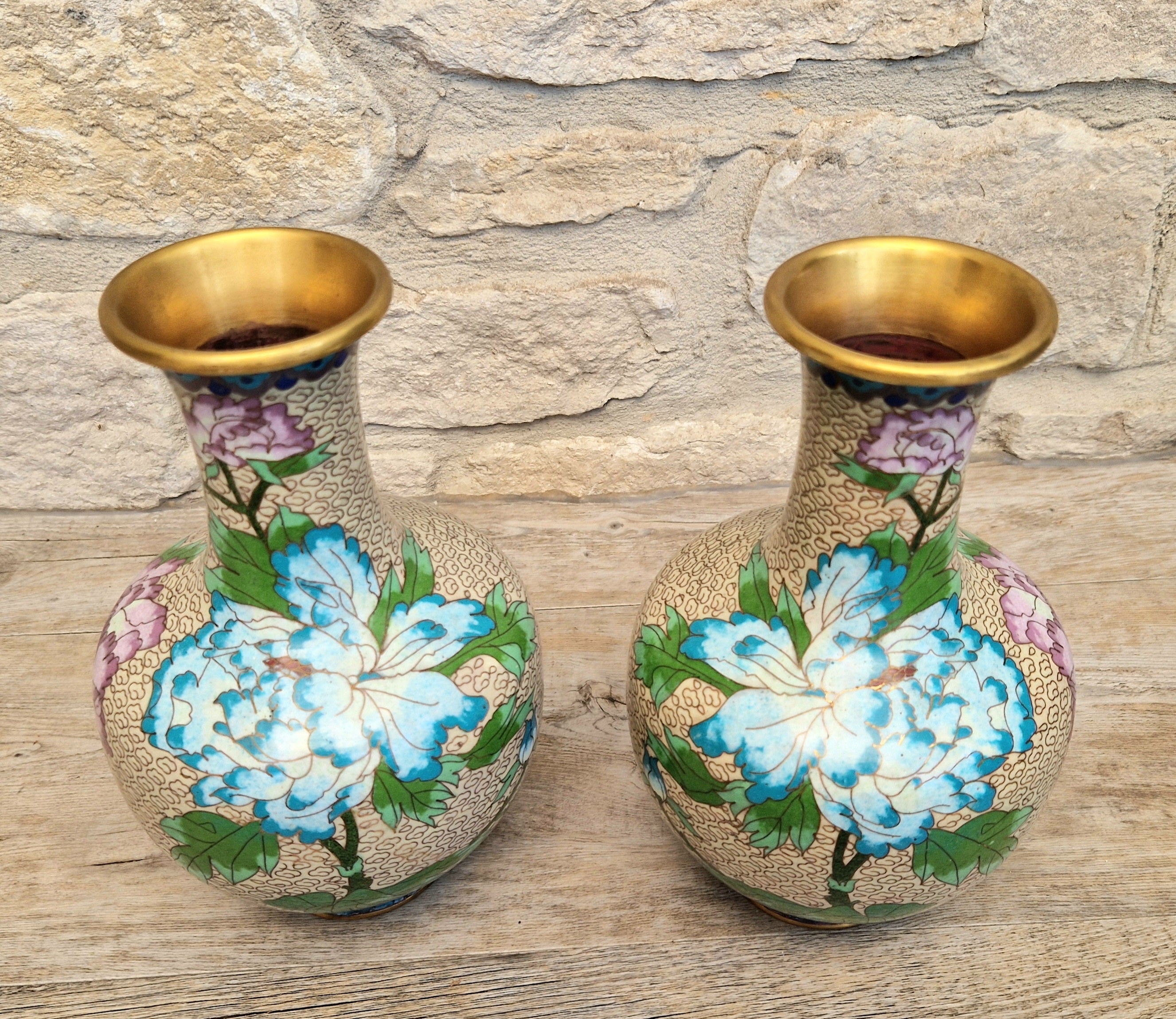 Pair Of Large Cloisonne Mirror Matched Peony Vases Mid 20th Century Exemplary Condition 23cm