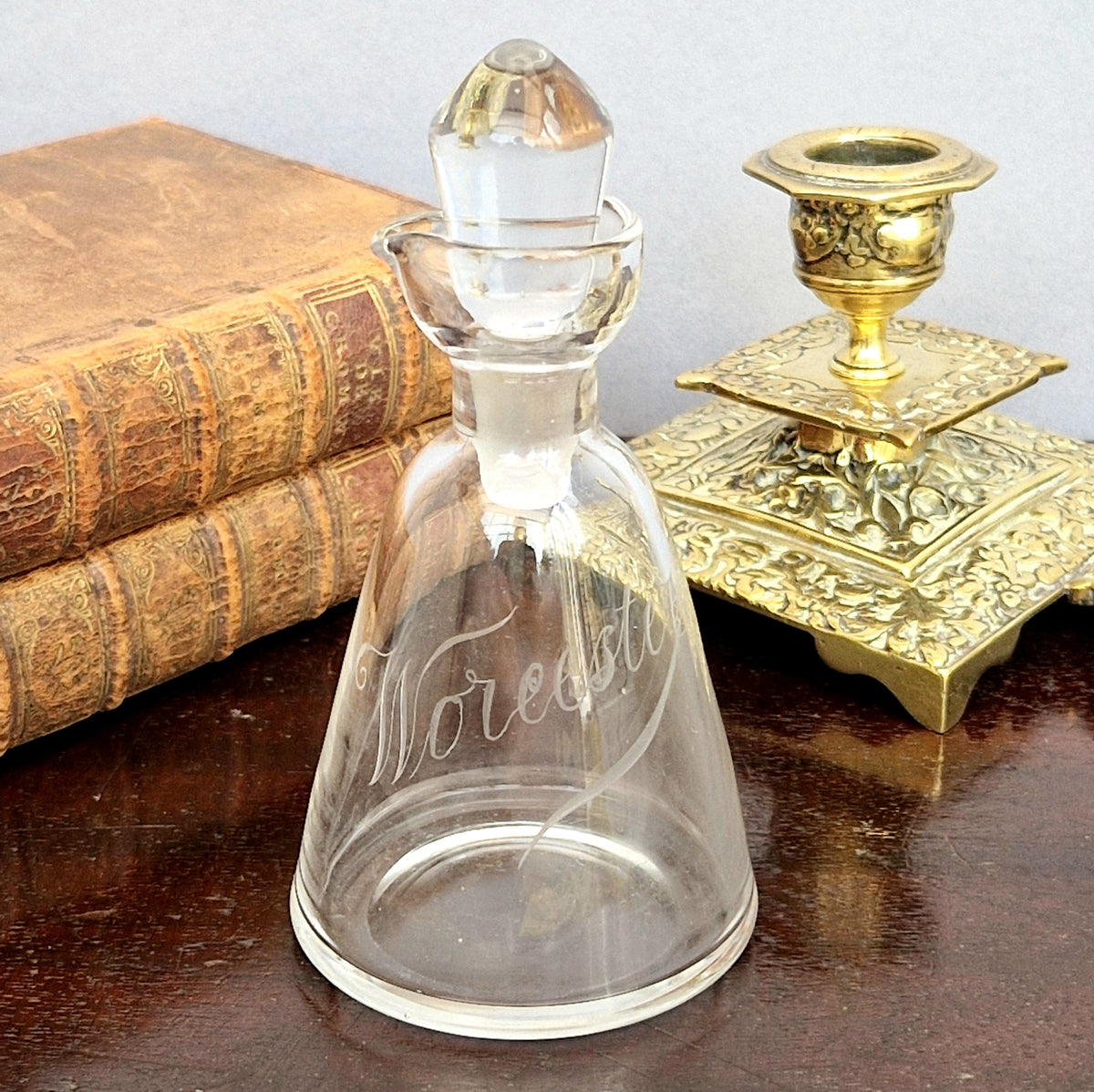 Antique Engraved Glass Worcester Condiment Bottle c.19th Century Fine Copper Wheel Engraving  Glass Stopper English