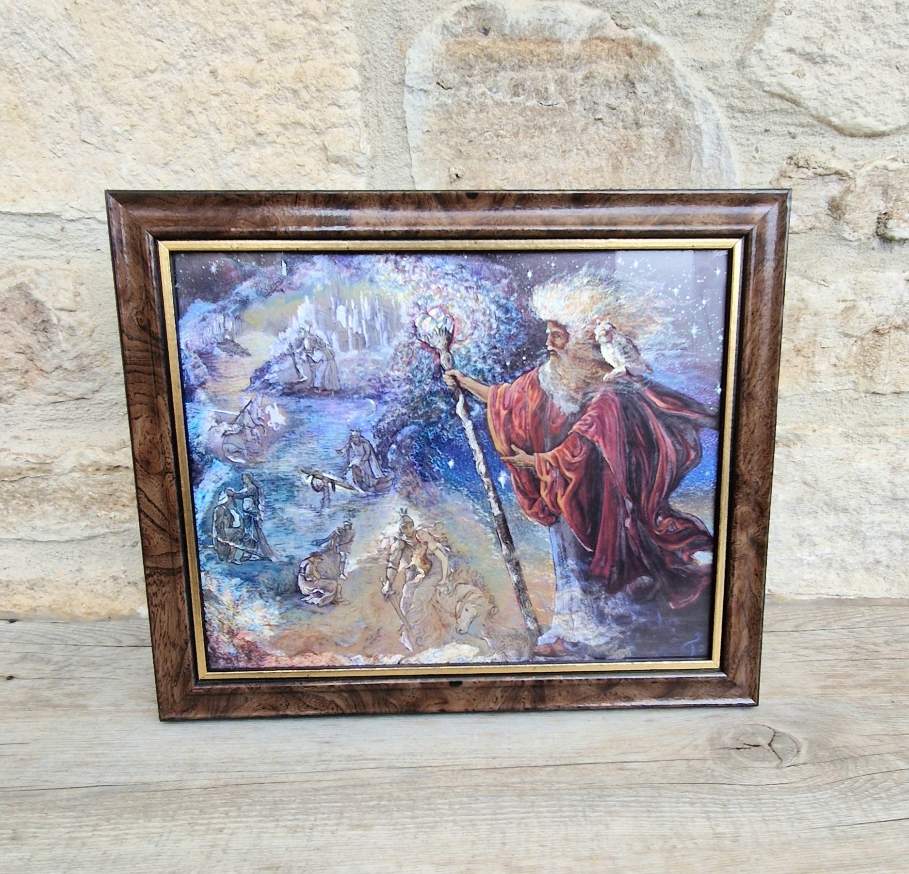 Vintage 1990s Foil Art Print Titled "Merlin's Quest" by Artist Josephine Wall Framed