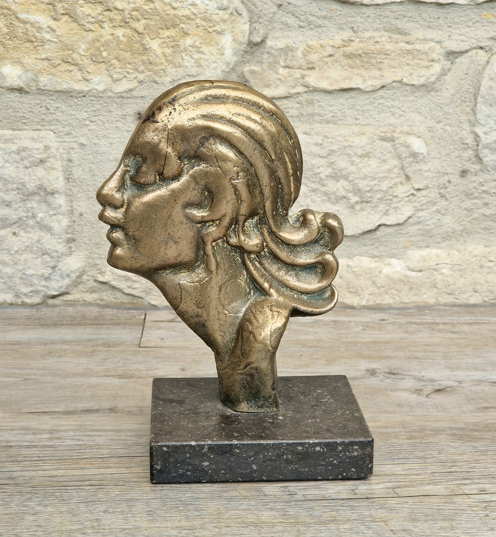 Art Deco Cast Bronze Girl's Head Profile Black Marble Mounted Desk Sculpture