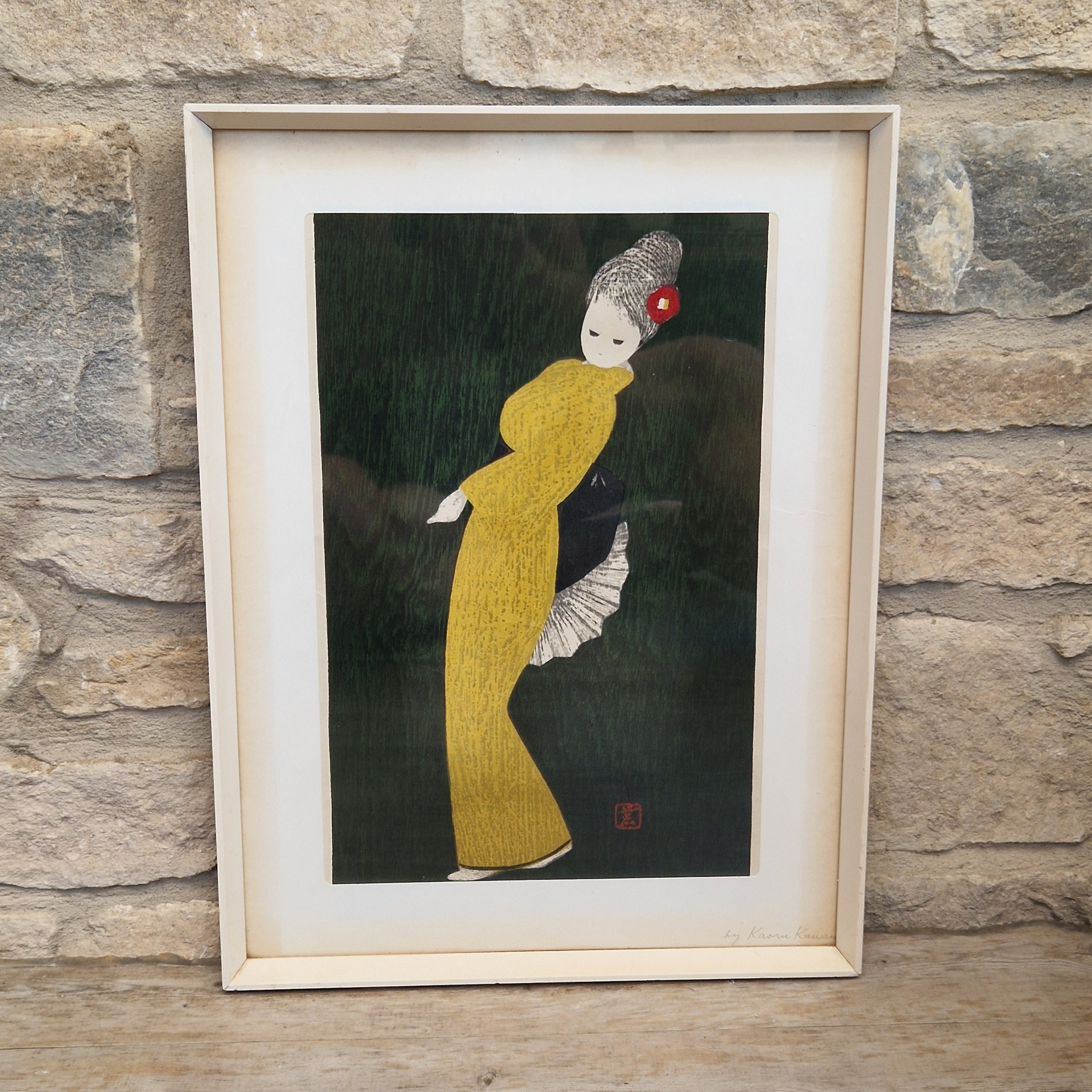 Vintage Kaoru Kawano Large Japanese Woodblock Print Camellia Yellow Kimono Mid-Century Framed
