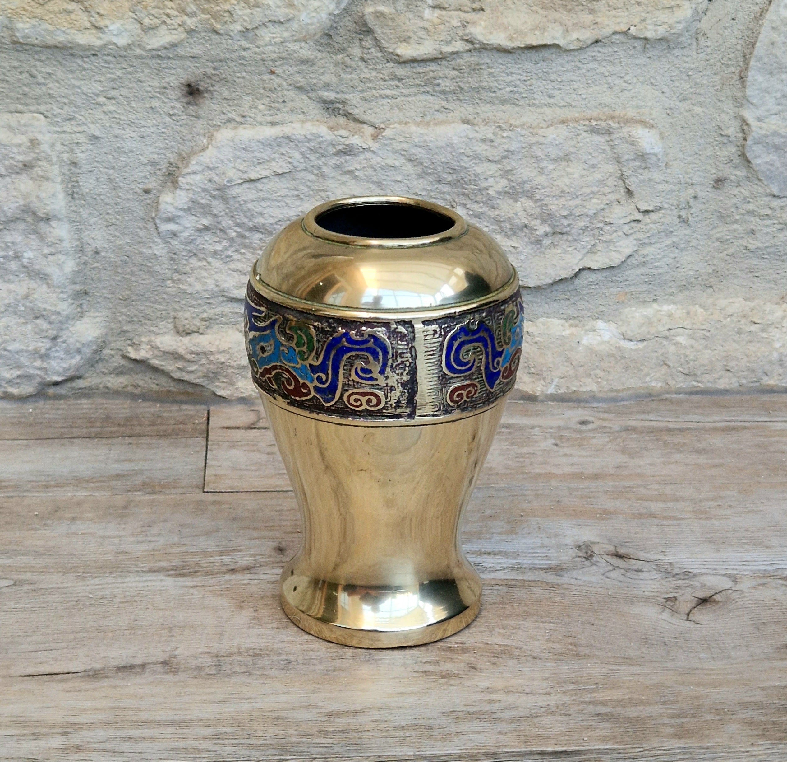 Chinese Late Qing Champleve Enamelled Bronze Small Vase 19th Century Antique