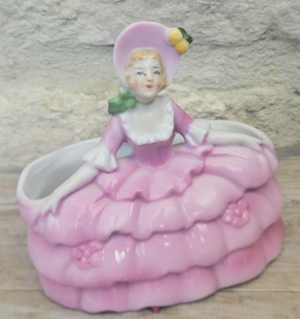 Antique Pink Lady Crinoline Dress Victorian Era Porcelain Dressing Table Decor Boudoir Figurine