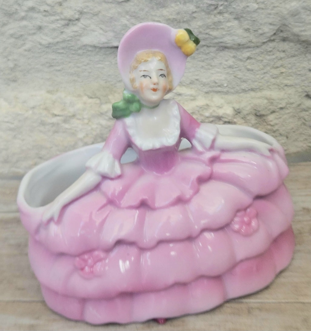 Antique Pink Lady Crinoline Dress Victorian Era Porcelain Dressing Table Decor Boudoir Figurine