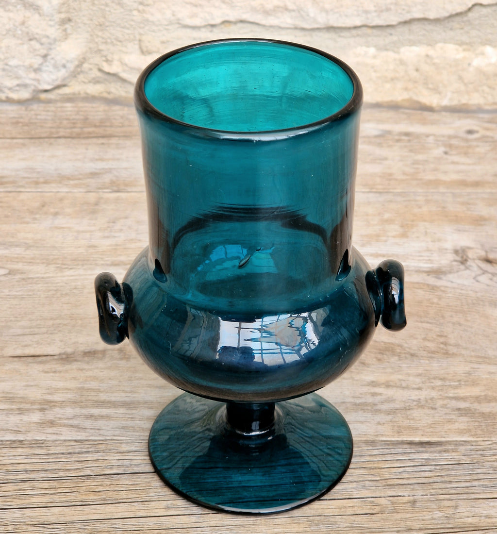 Mid-Century Bertil Vallien for Boda Glass "Basun" Blue Art Glass Wine Goblet Vase