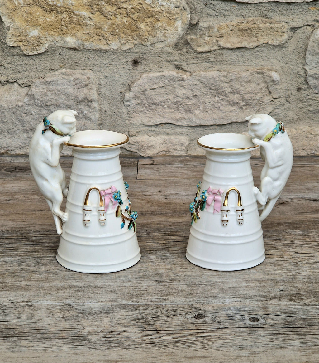Antique Copeland Porcelain Cat Cream Churn Vases Pair Floral Applied Flowers Gilt 19th Century