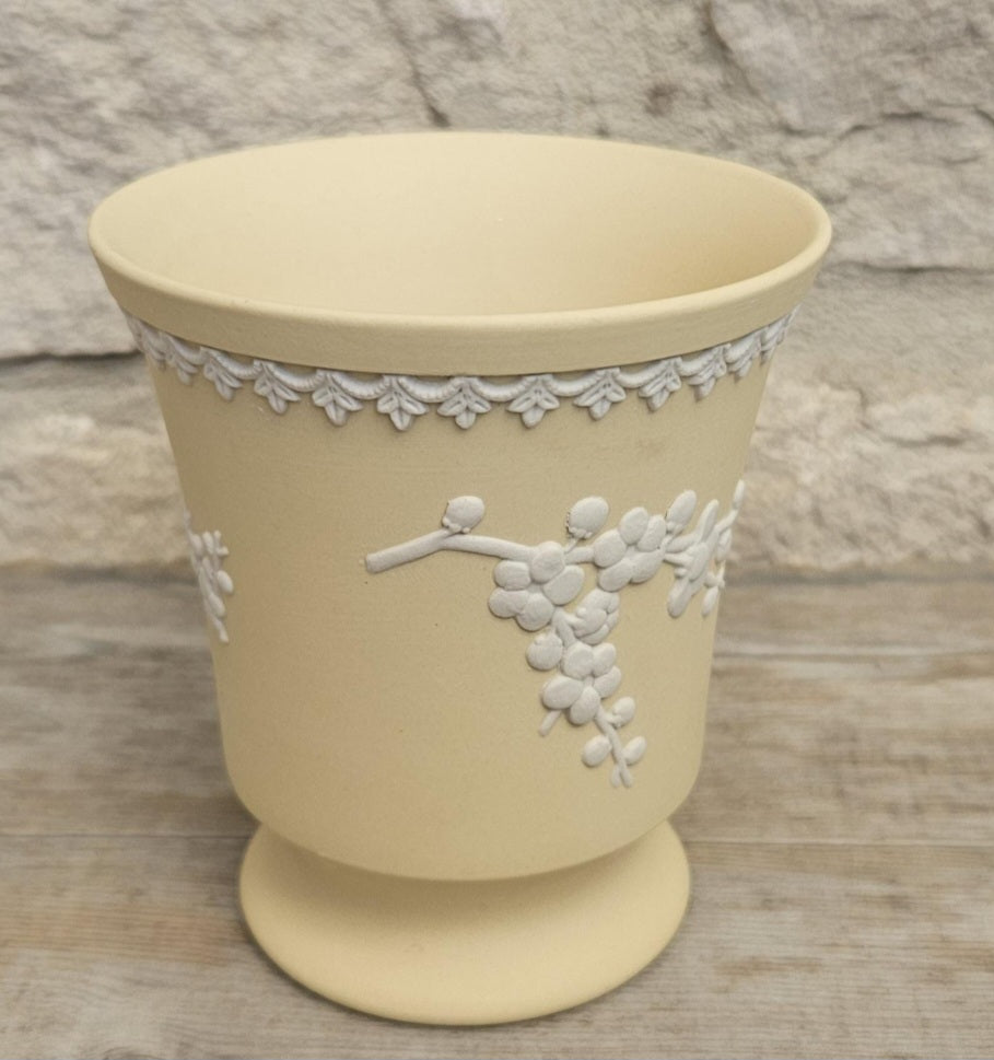 Vintage Wedgwood Jasperware Primrose Yellow Vase White Prunus England Collectible Decorative 10cm Tall