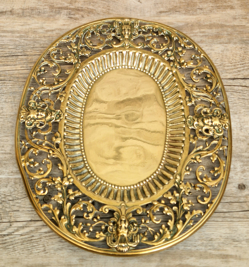 Antique 19thC Baroque Cast Brass Architectural Mount Appliqué Ornate Mascaron Filigree Vanity Card Tray Plate Hand-Tooled Pattern 1018