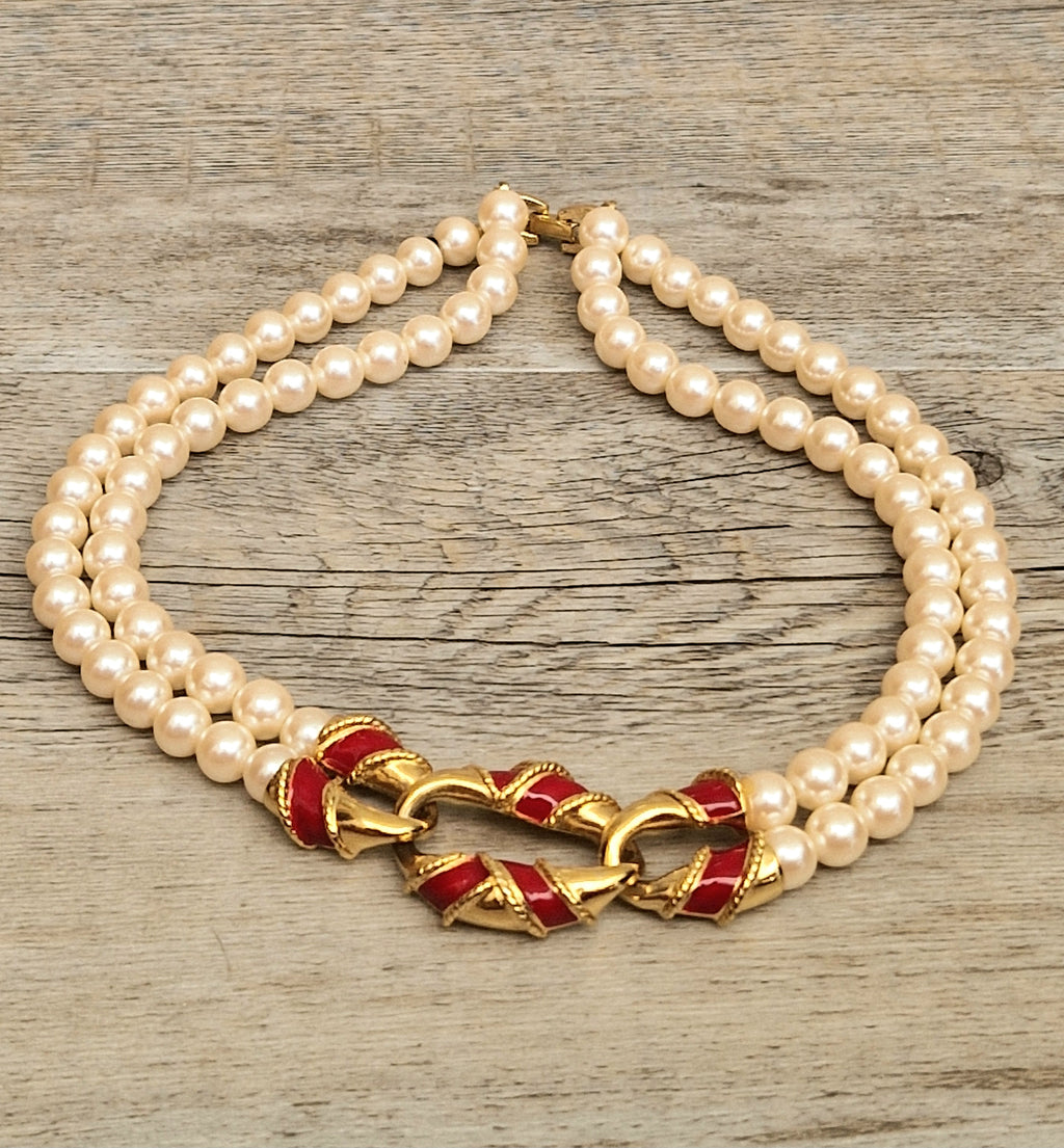 Vintage Double Strand Faux Pearl Necklace with bold gold and red enamel Statement Embellished Richelieu 40cm