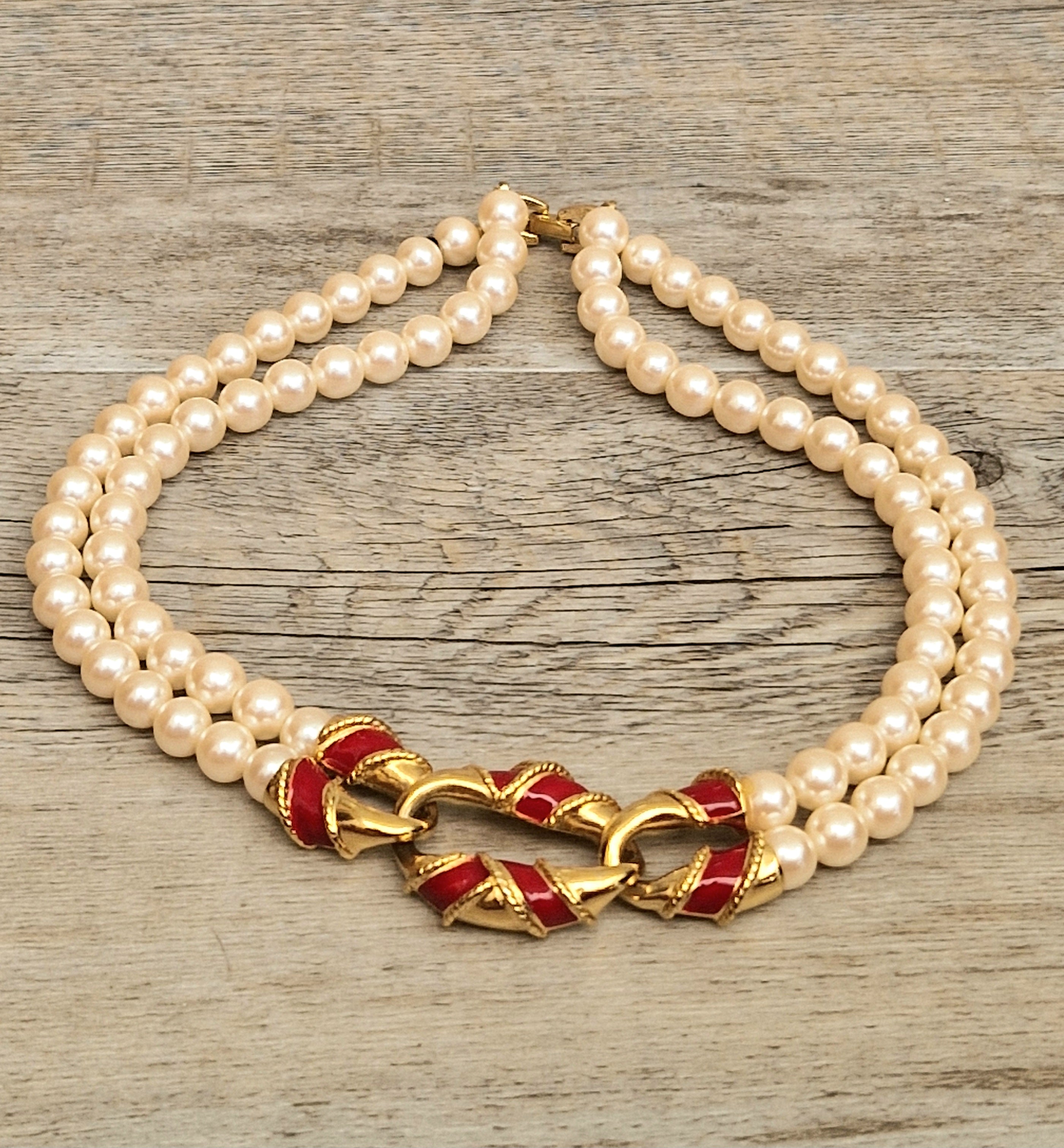 Vintage Double Strand Faux Pearl Necklace with bold gold and red enamel Statement Embellished Richelieu 40cm