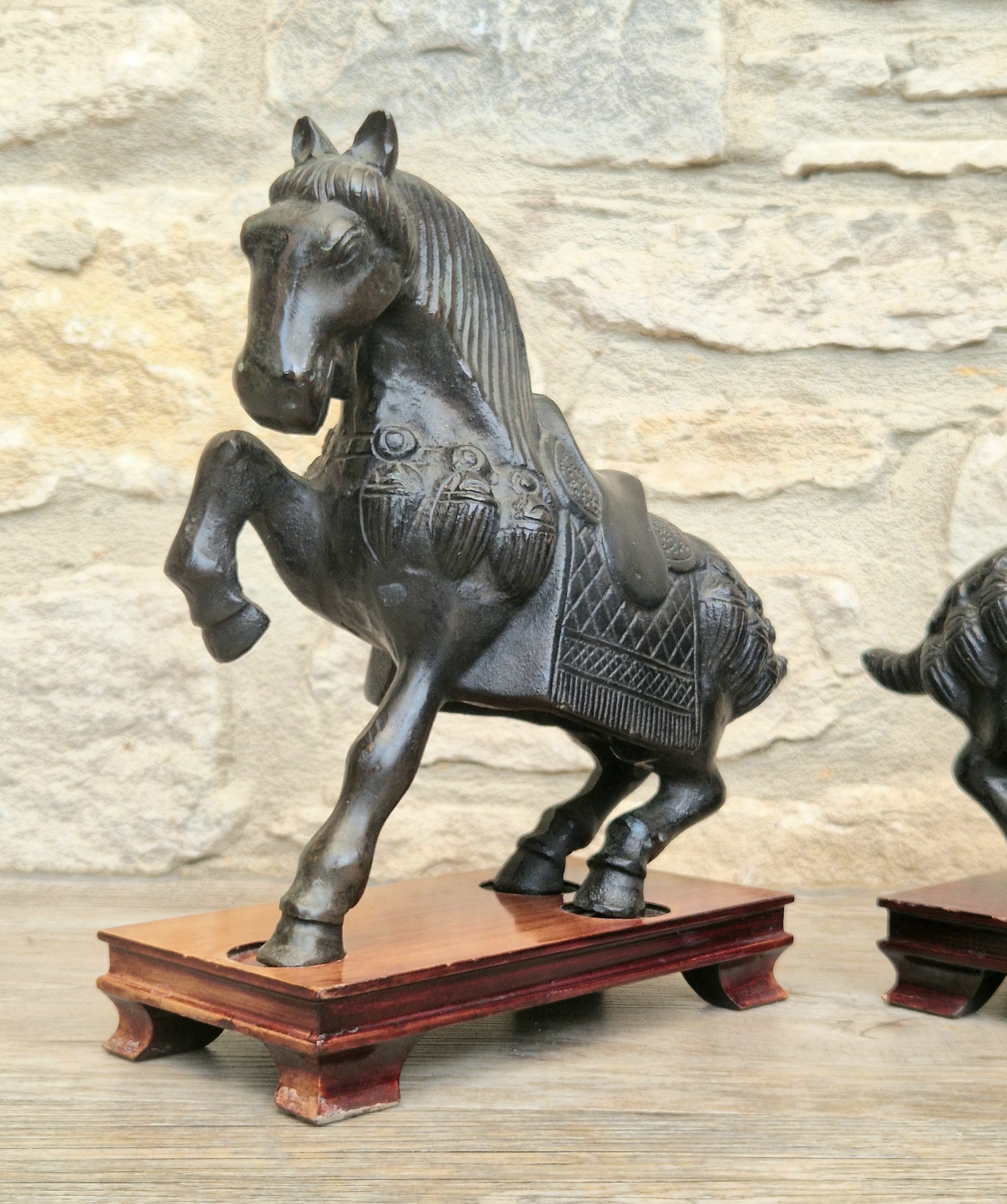 Fine Pair of Vintage Heavy Cast Bronze Tang-Style Chinese Horse Sculptures On Wooden Plinths