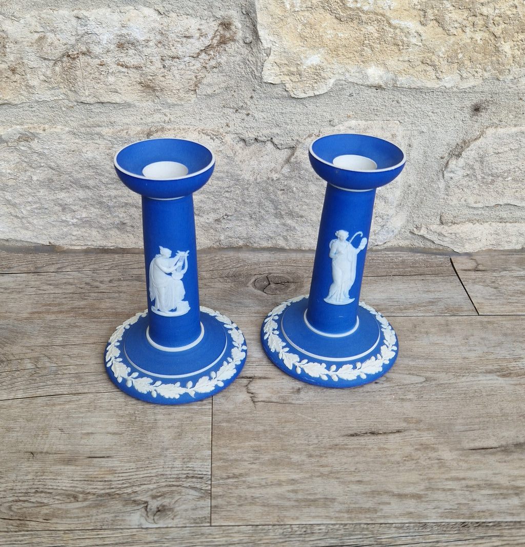 Vintage Wedgwood Jasperware Candlestick Pair: Dark Blue Taper Candle Holders