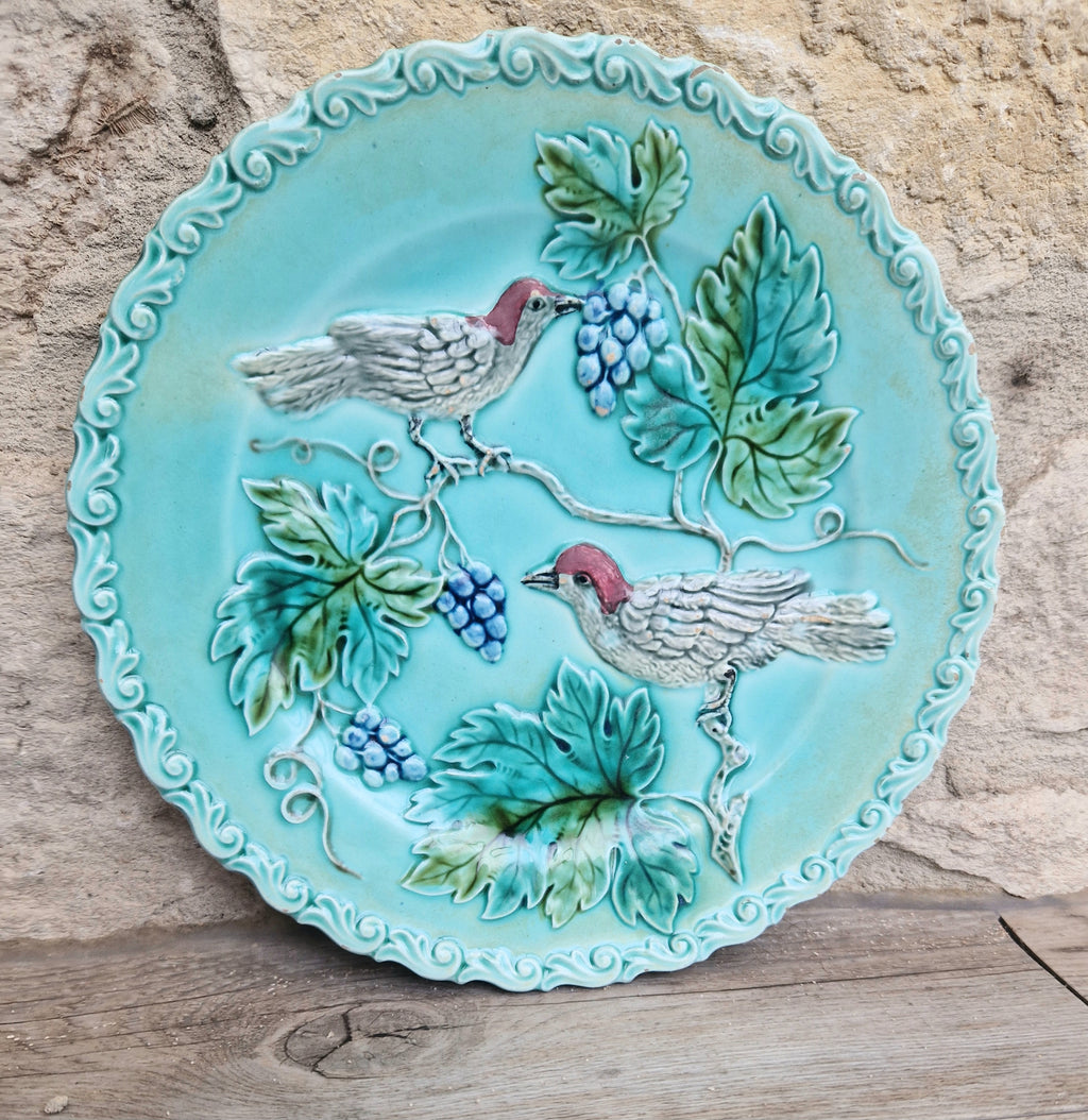 Antique Art Nouveau Continental Majolica Birds & Grapes Decorative Plate 19.3cm