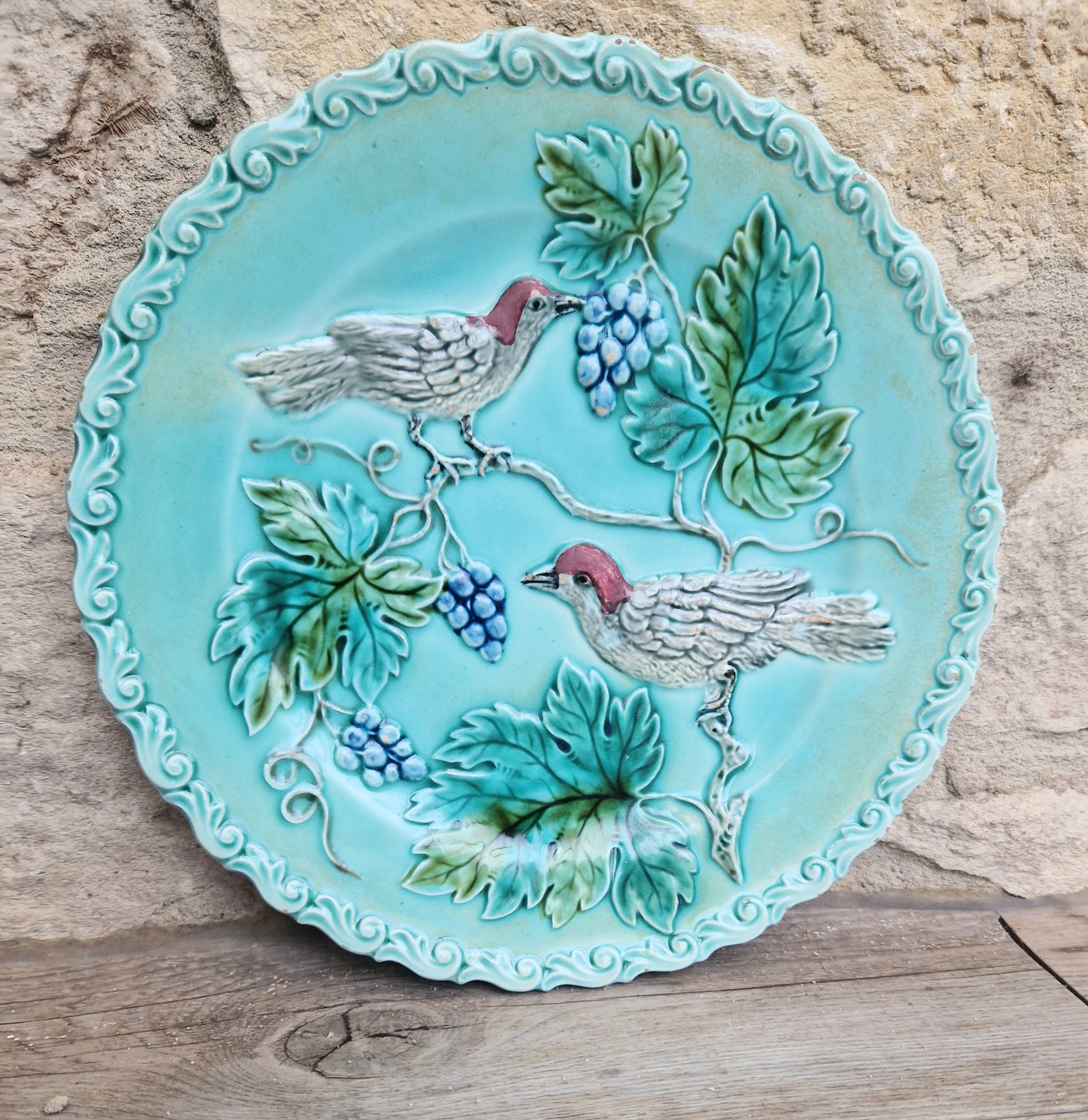 Antique Art Nouveau Continental Majolica Birds & Grapes Decorative Plate 19.3cm