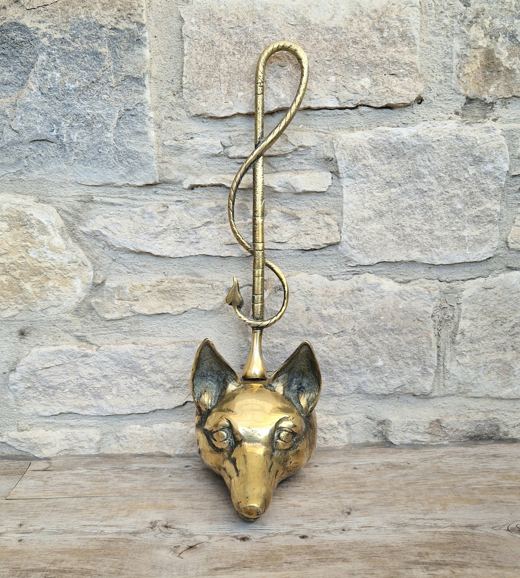 Antique Cast Brass Fox Head Door Porter Door Stop 19th C.
