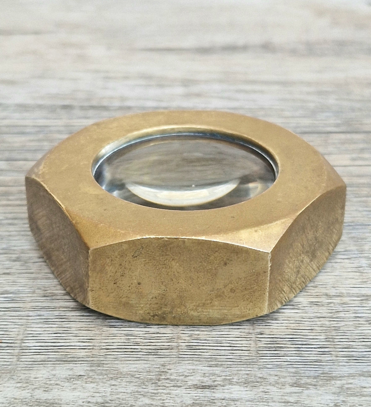 Carl Auböck Brass Hexagon Nut Magnifier Paperweight, Vintage Austria Werkstätte 1950s Desk Accessory, Model 5071 Authentic