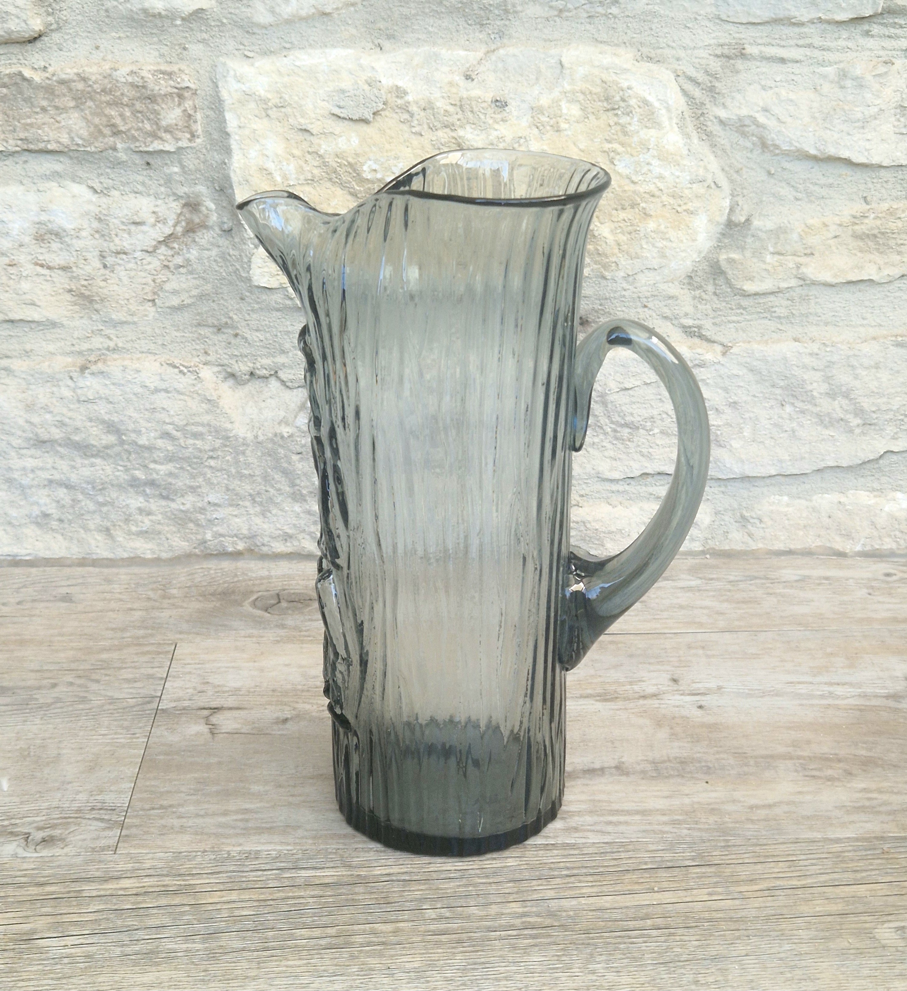 Björkshult Glassworks Sweden Hand Blown Mid Century Textured Smoke Glass 'Viking Pitcher Large