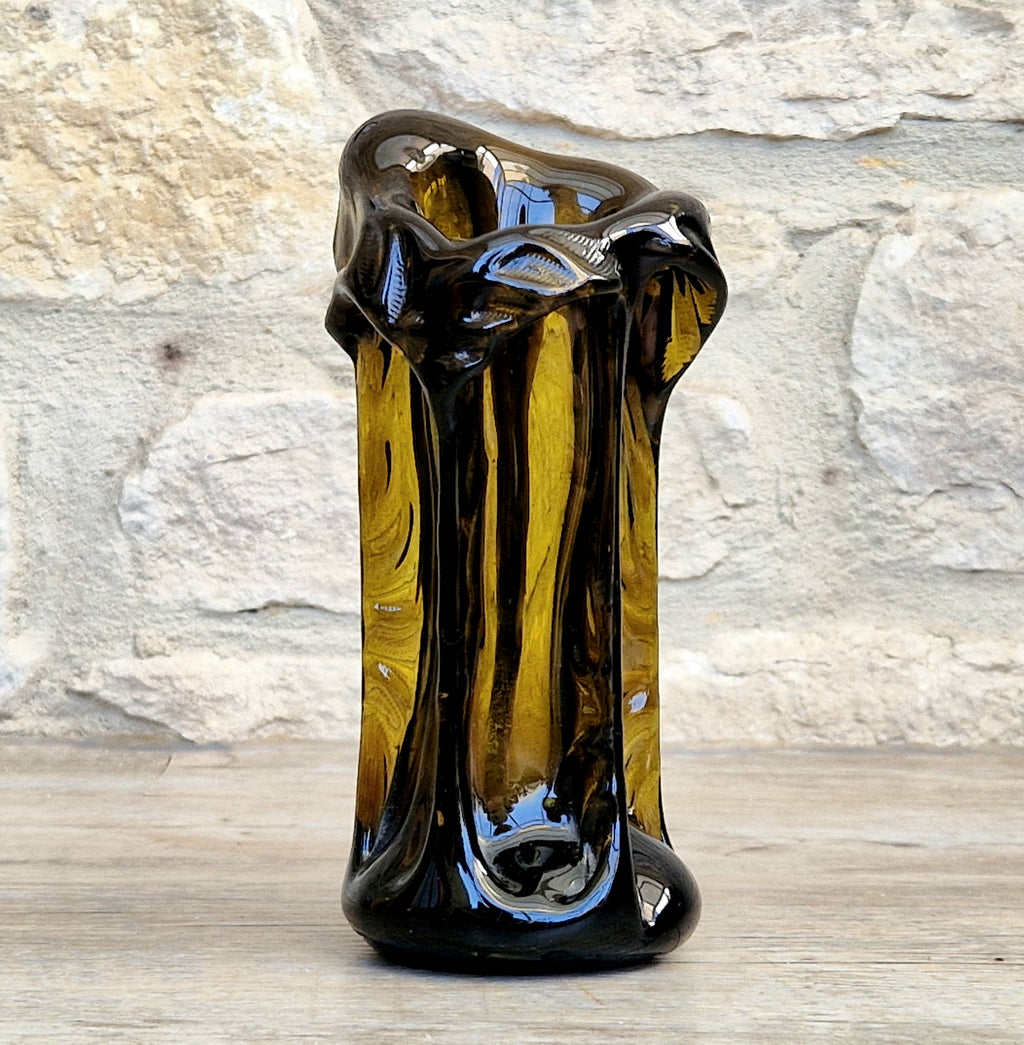 Vintage 1970s Polish Wołomin Hand Blown Smoked Amber Art Glass Pulled Freeform Ribbed Vase Rare Piece