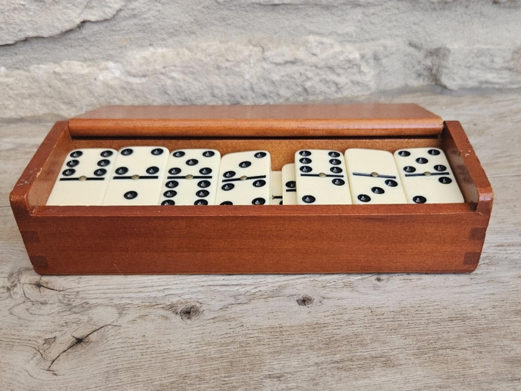 Vintage White Dominoes Set in Wooden Box Rustic Classic Game Gift