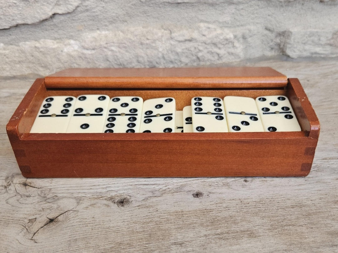 Vintage White Dominoes Set in Wooden Box Rustic Classic Game Gift