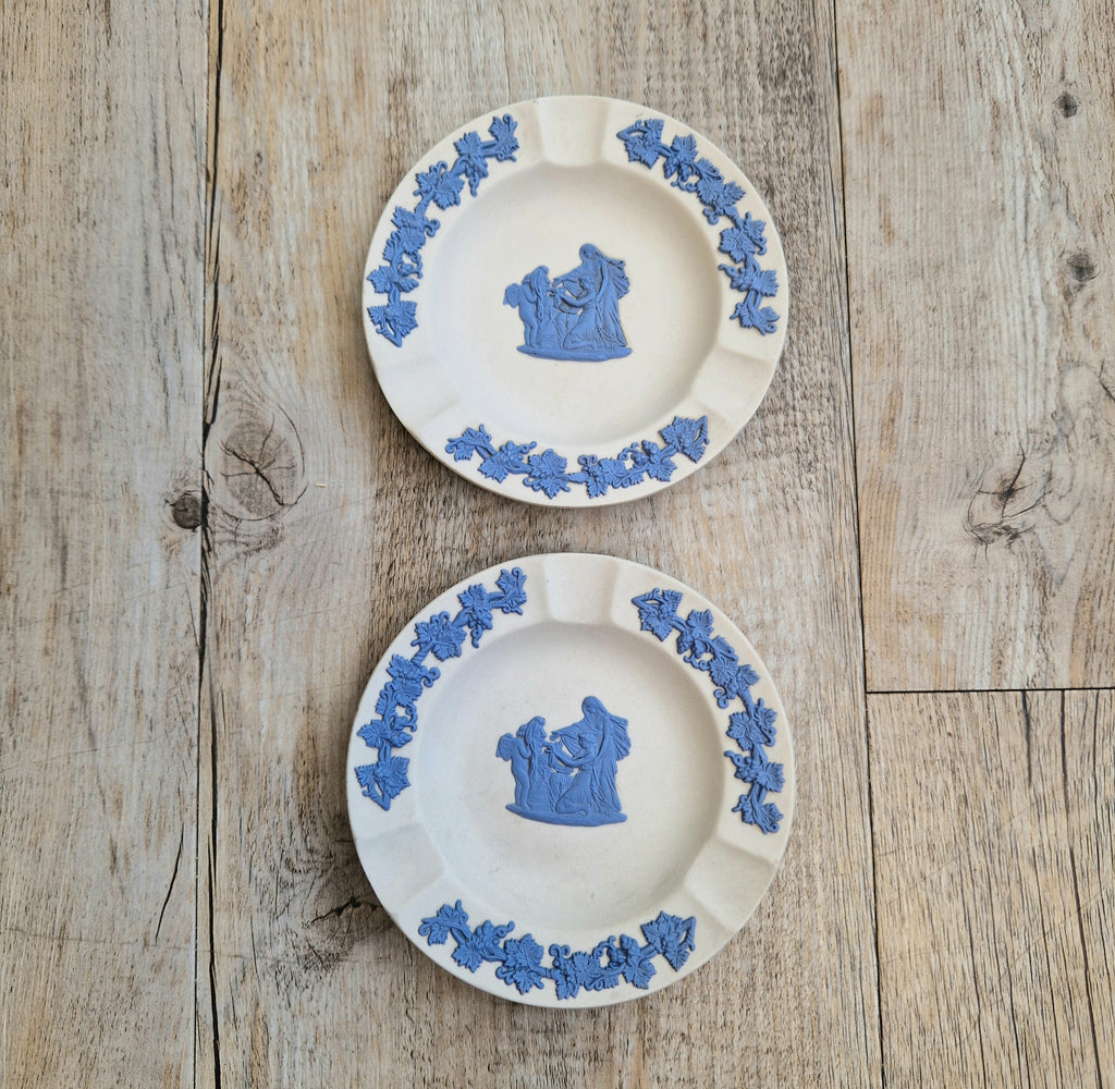 Pair Wedgwood Reverse Blue on White Jasperware Neo-Classical Pin Tray Ashtrays Vintage