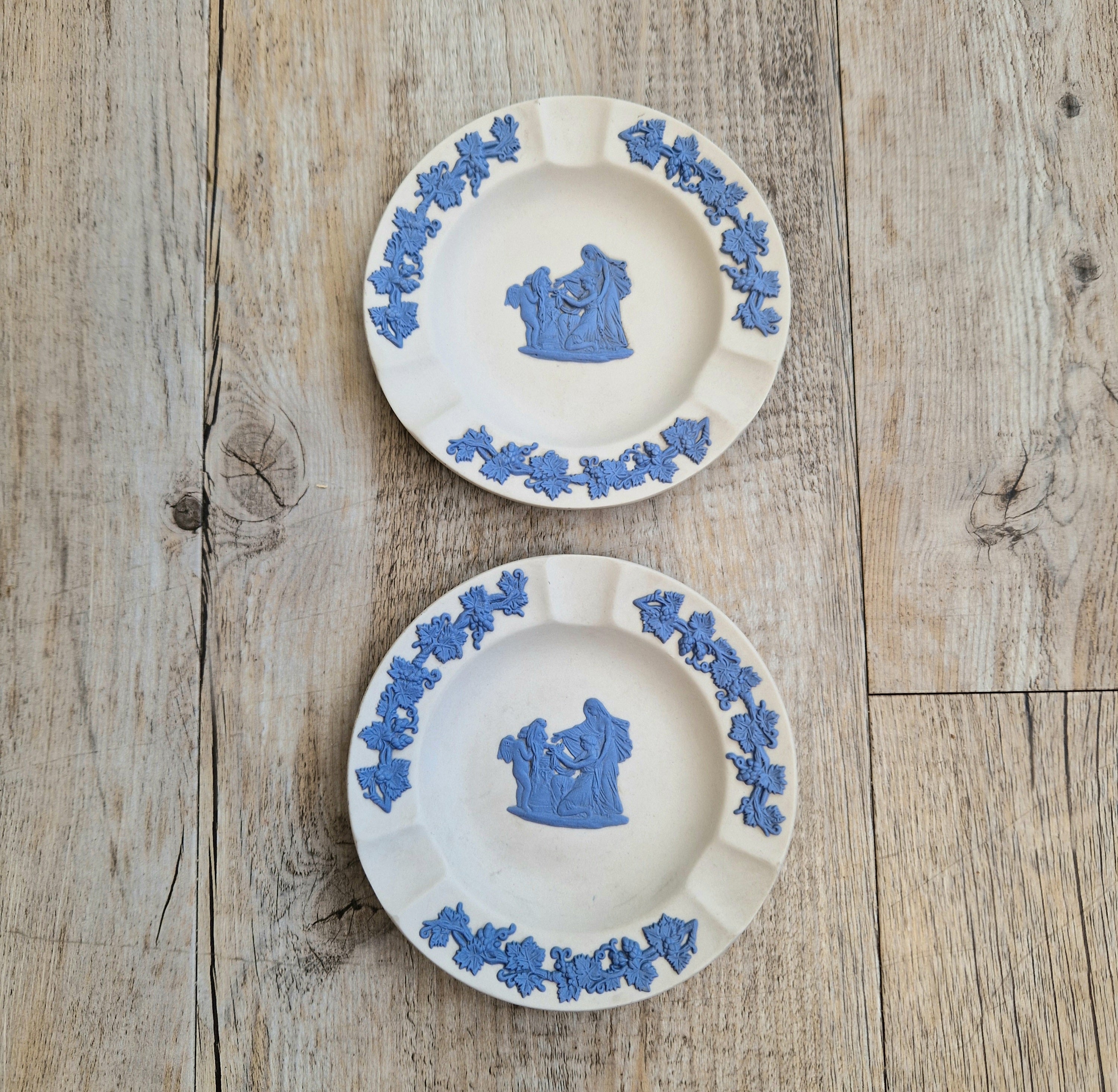 Pair Wedgwood Reverse Blue on White Jasperware Neo-Classical Pin Tray Ashtrays Vintage