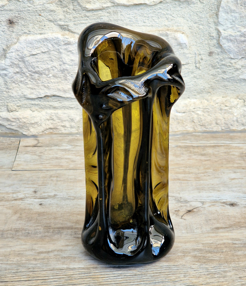 Vintage 1970s Polish Wołomin Hand Blown Smoked Amber Art Glass Pulled Freeform Ribbed Vase Rare Piece