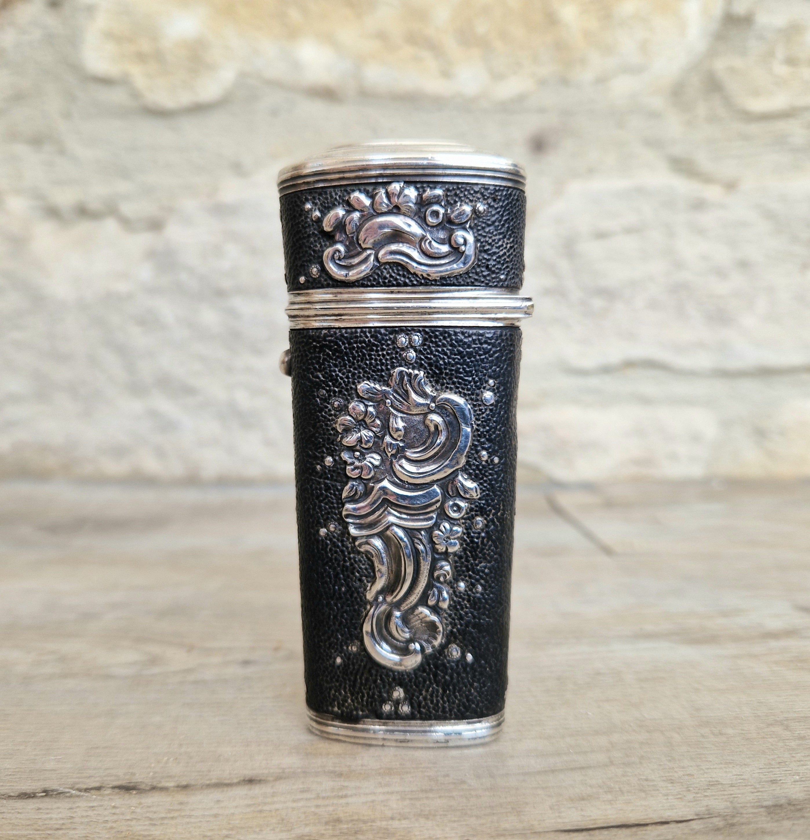 18th Century Etui French Black Shagreen & Silver Necessaire Case Rare Early Example