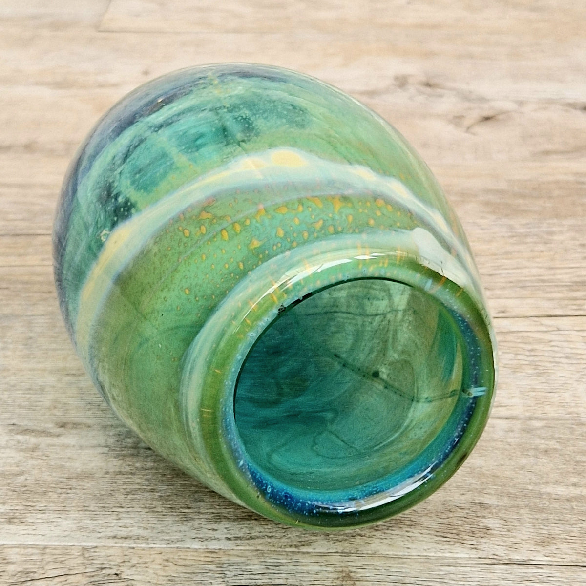 Vintage Mdina Maltese Art Glass Tiger Vase 16cm Signed Mid Century Blue Green 1kg