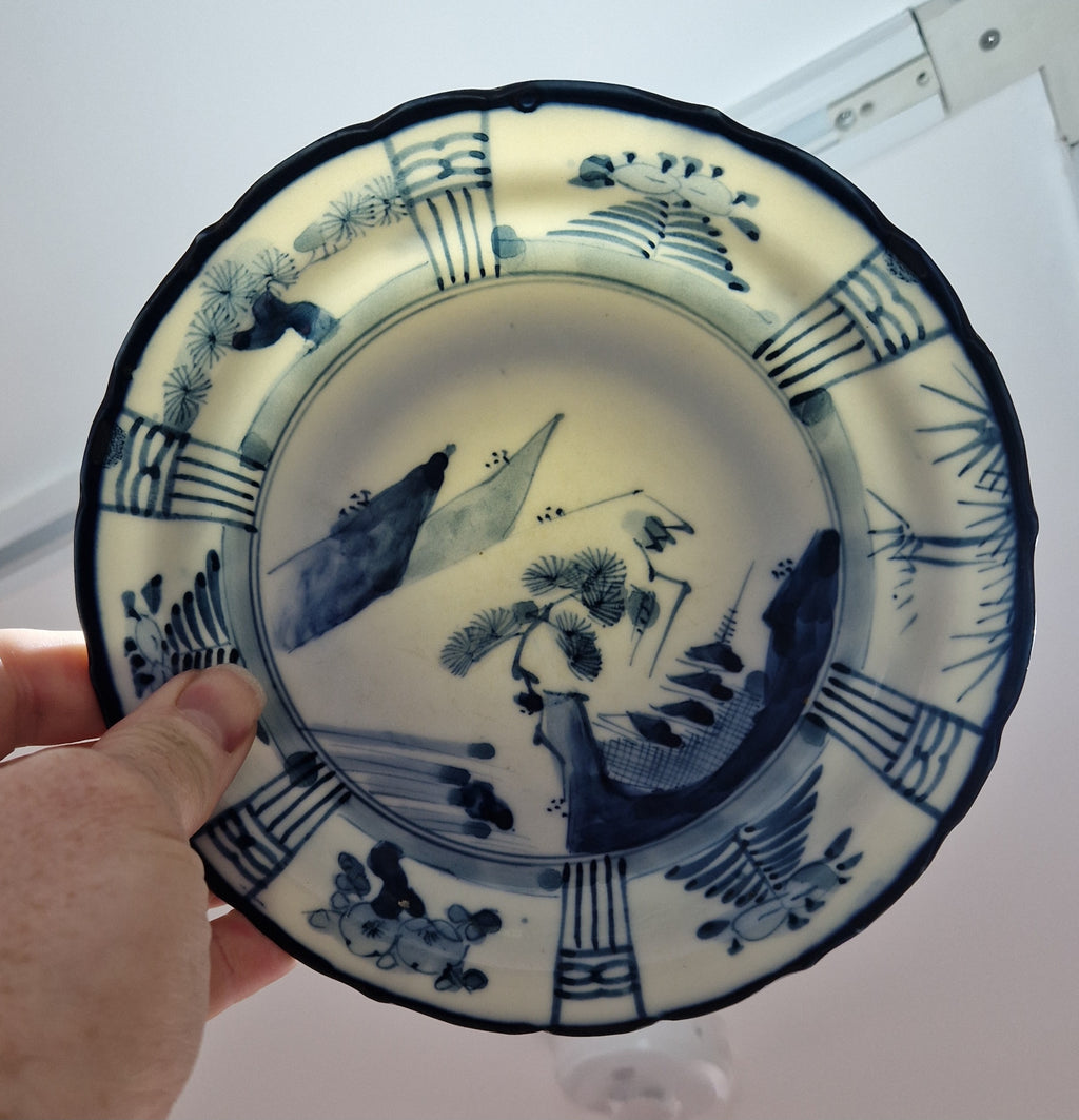 Japanese Ceramic Namasu-Zara Dish Blue & White Arita Edo 'Scholar's Retreat' Kraak Style Rare Antique