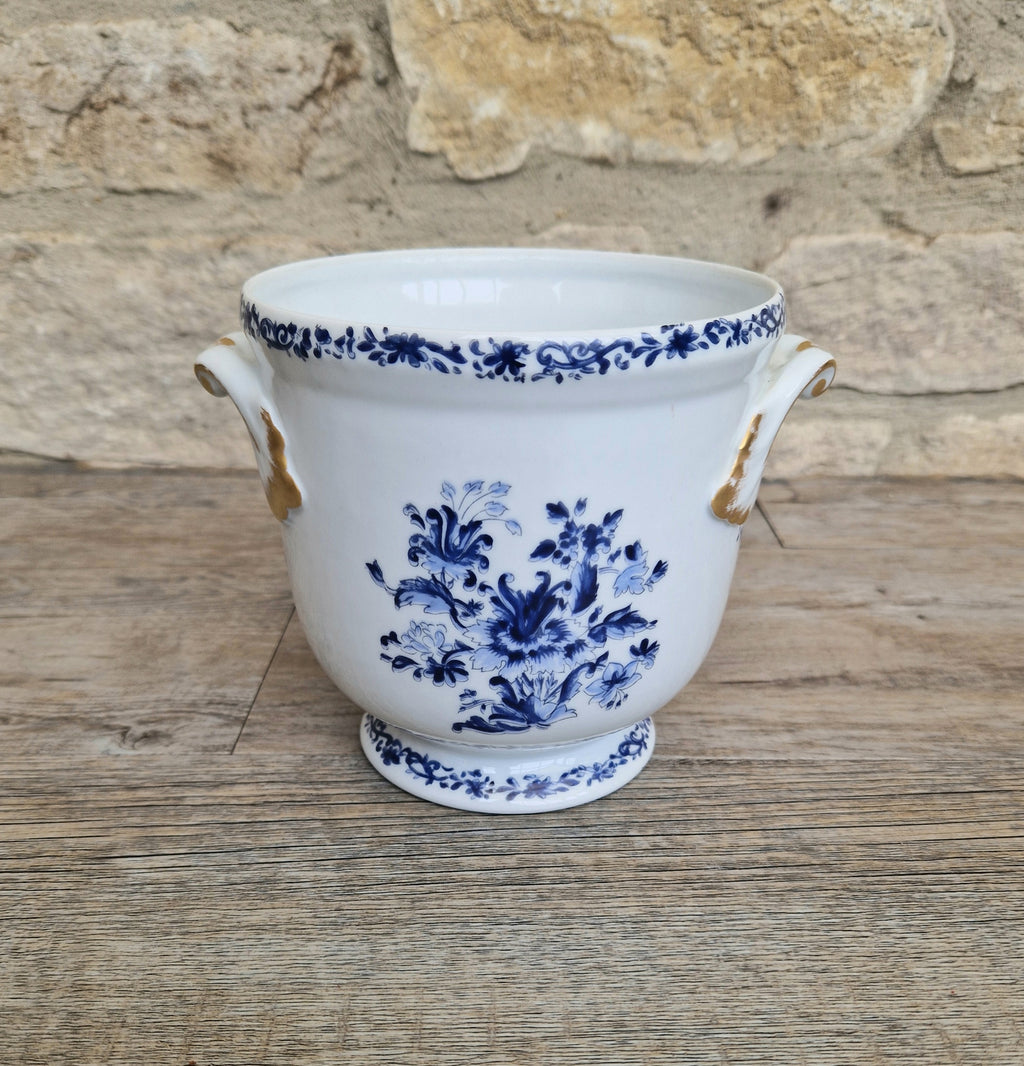 Vintage Vista Alegre Portugal Porcelain Plant Pot Round Planter / Jardinere, Blue & White