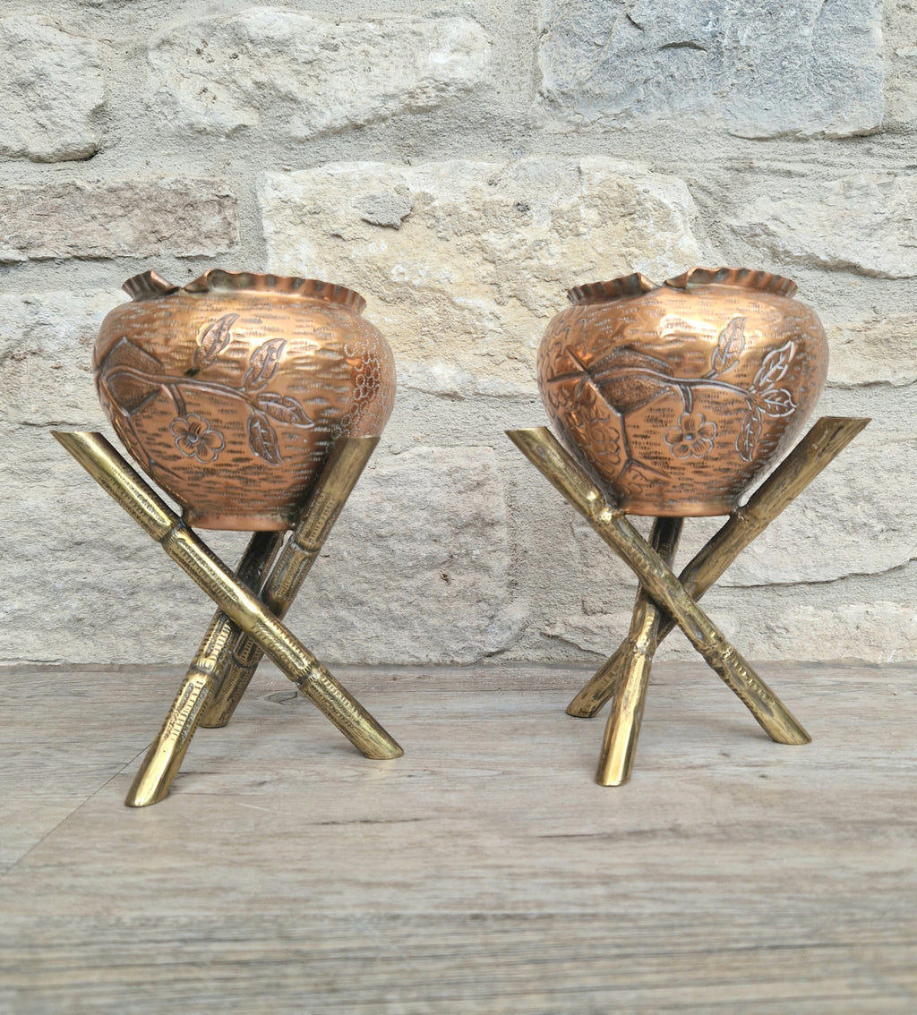 Pair of Antique Japanese Aesthetic Movement Arts & Crafts Copper And Brass Faux Bois Jardinieres