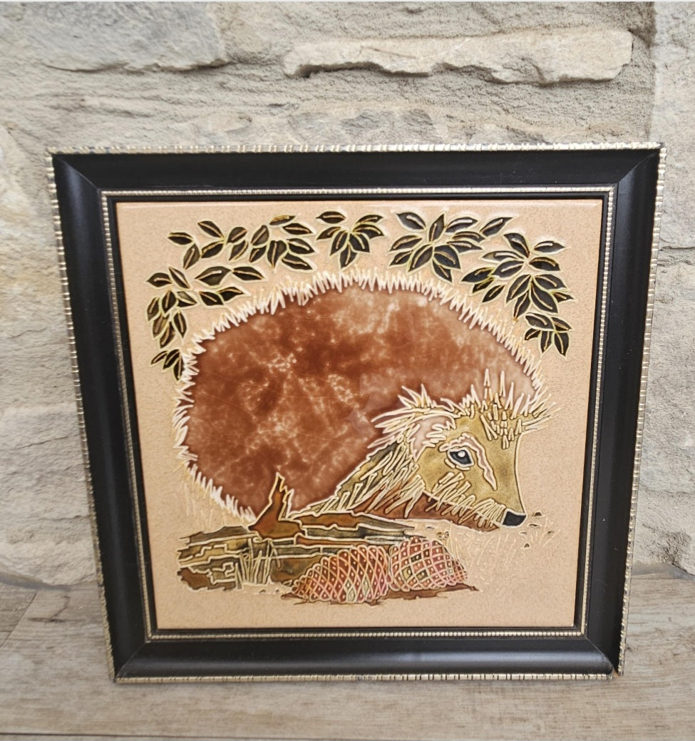 Large Framed Majolica Hedgehog Tile Wall Hanging Vintage Made in England Cottagecore Woodland Decor