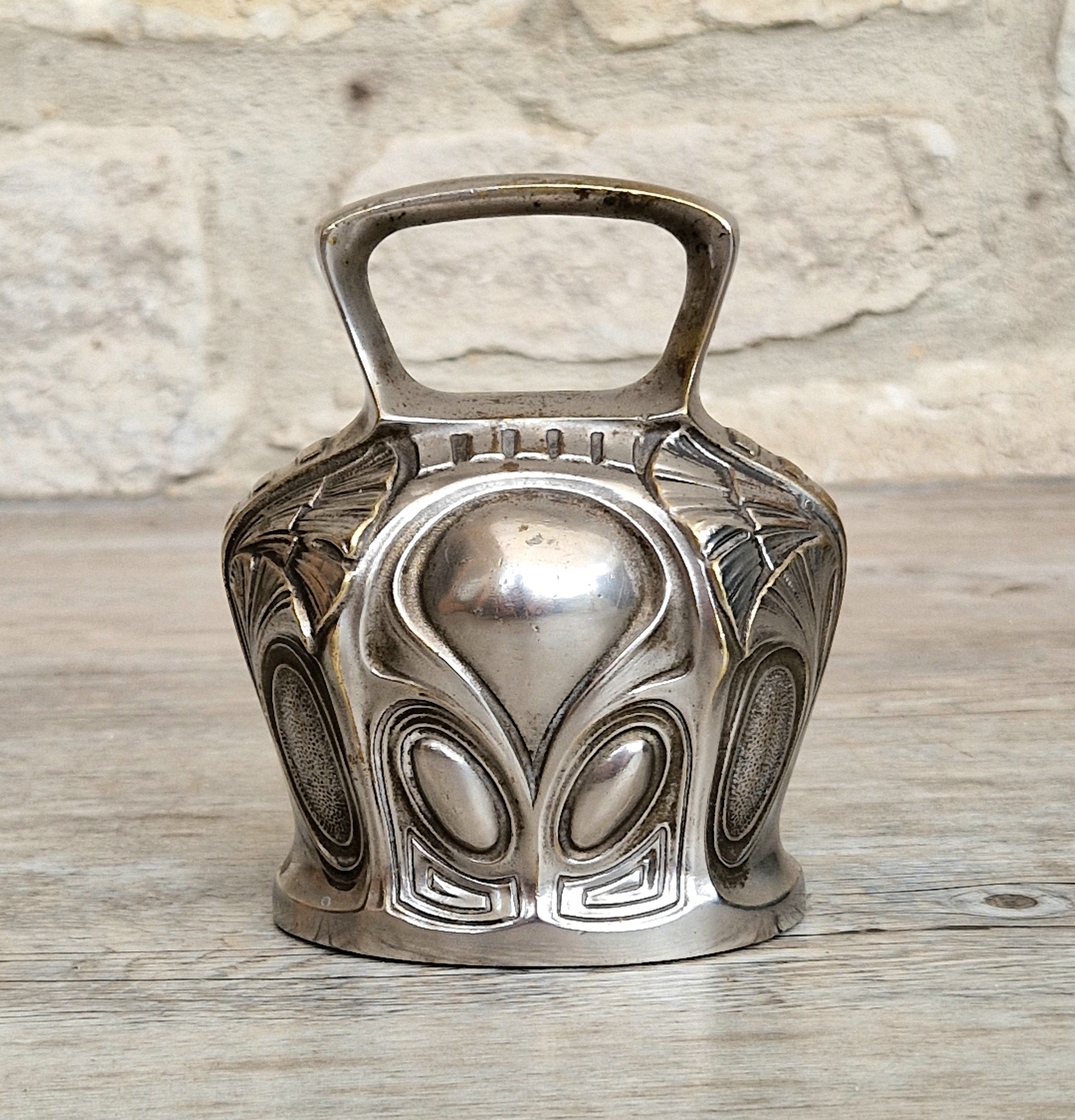 Antique Art Nouveau Silvered Bronze Large Ornate Decorated Table Bell