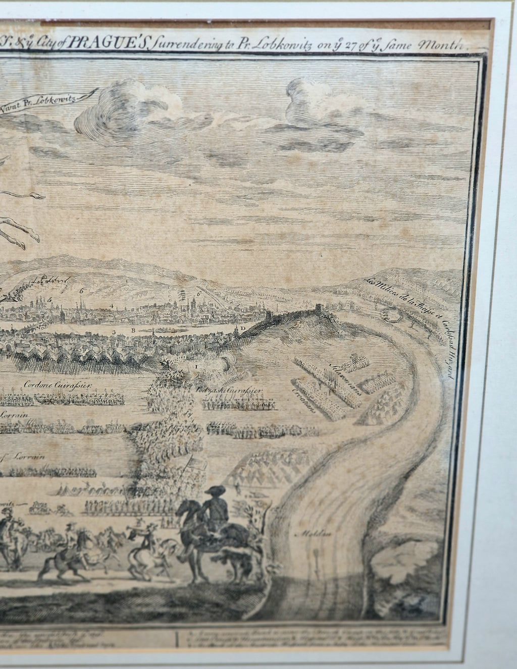 1742 Prague Siege Antique Copperplate Engraving John Bickham Military Battle Map Satire Print Framed