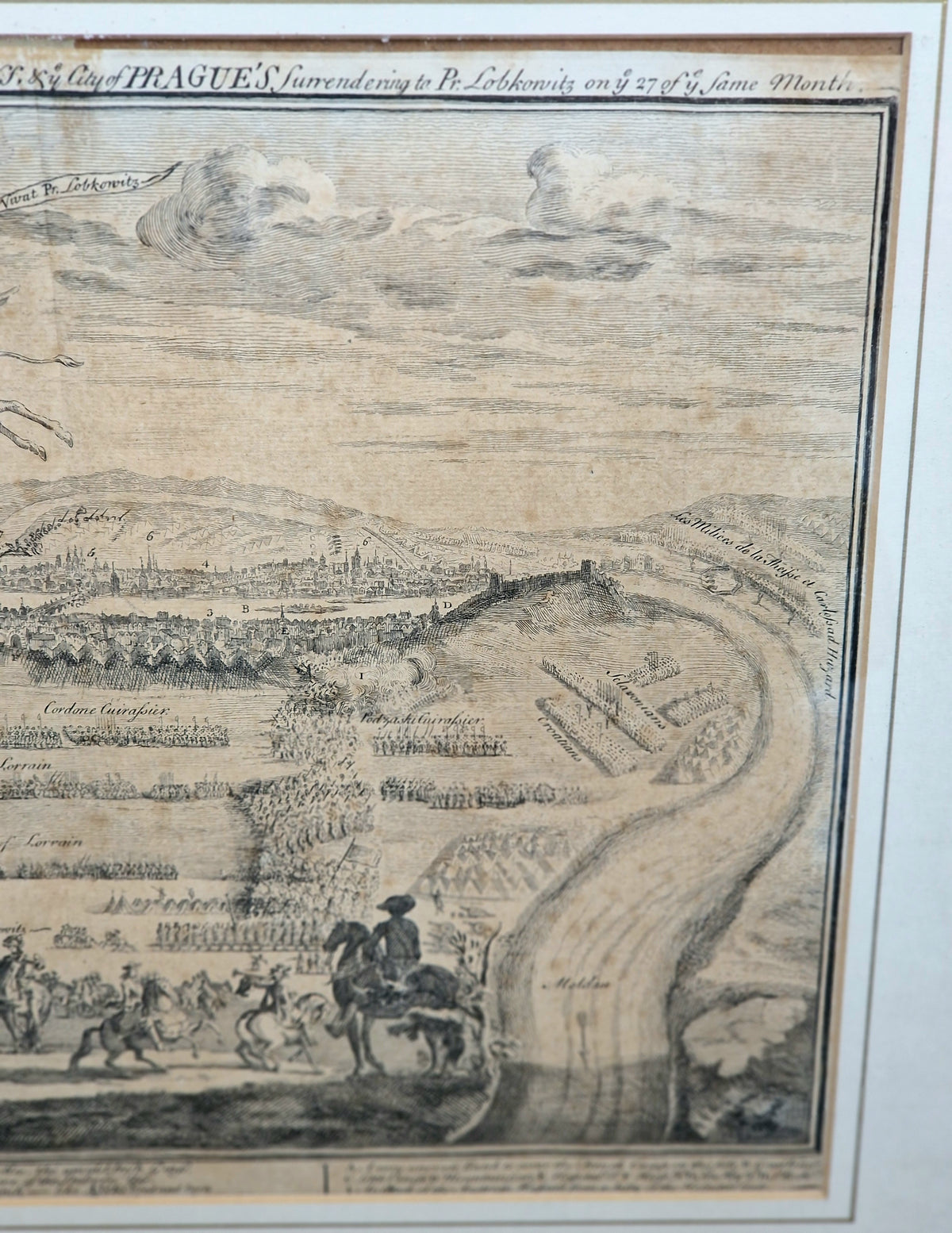 1742 Prague Siege Antique Copperplate Engraving John Bickham Military Battle Map Satire Print Framed