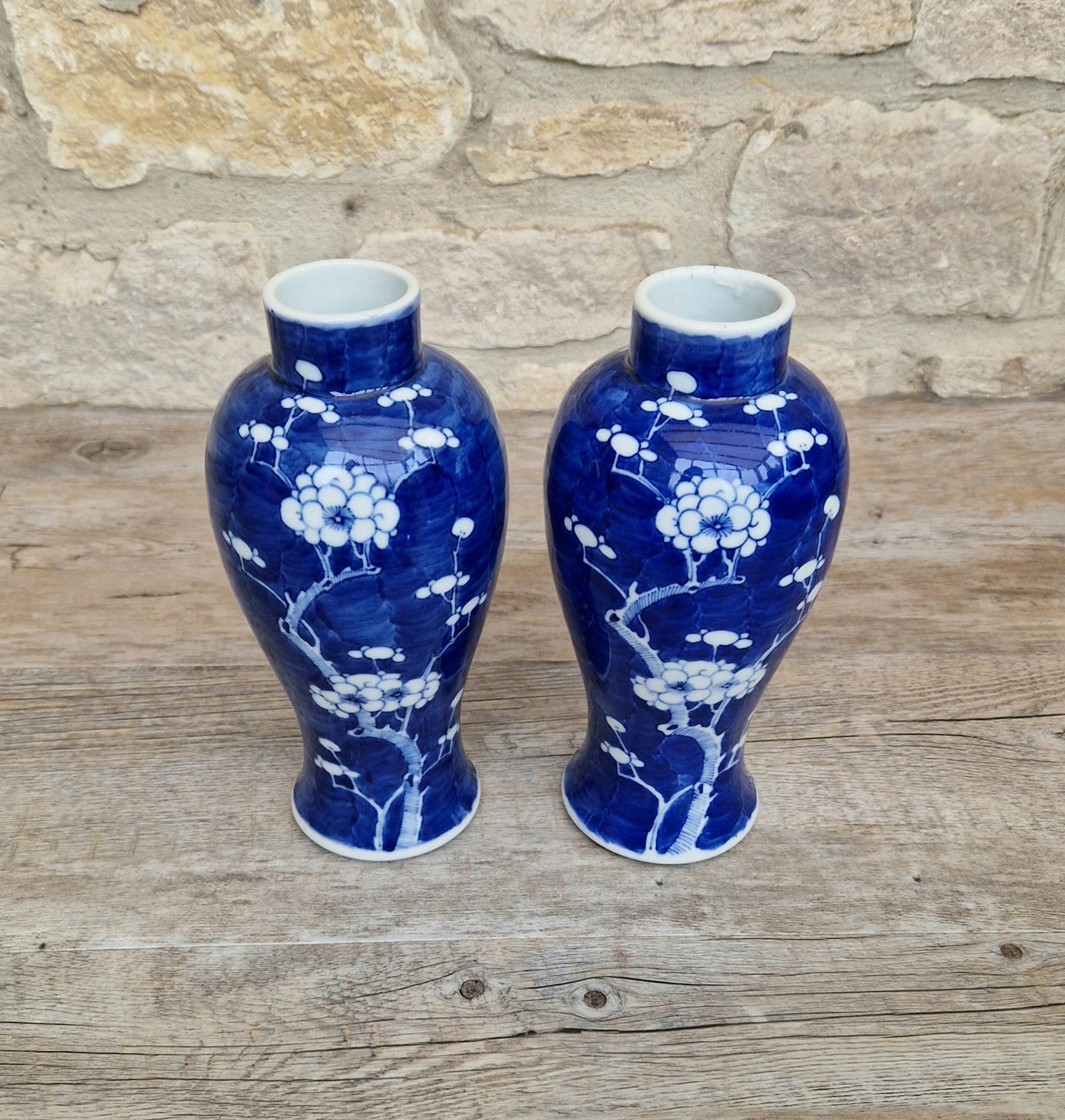 Pair Kangxi Style Blue & White Prunus Baluster Garniture Vases