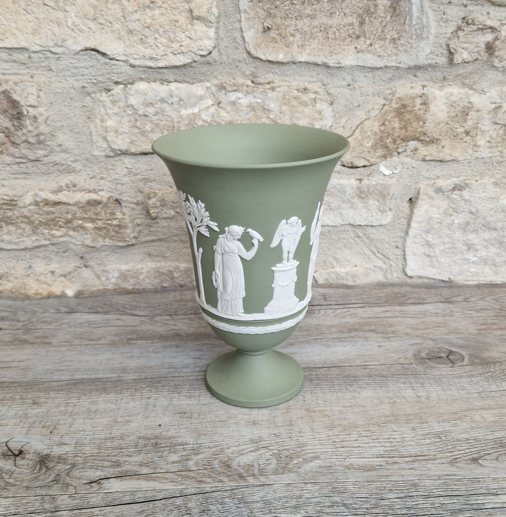 Wedgwood Sage Green Jasperware Arcadian Pedestal Trumpet Mantle Vase - Vintage.Made in England 17cm Tall