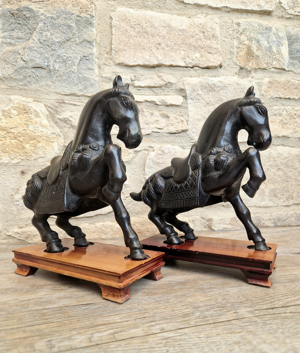 Fine Pair of Vintage Heavy Cast Bronze Tang-Style Chinese Horse Sculptures On Wooden Plinths