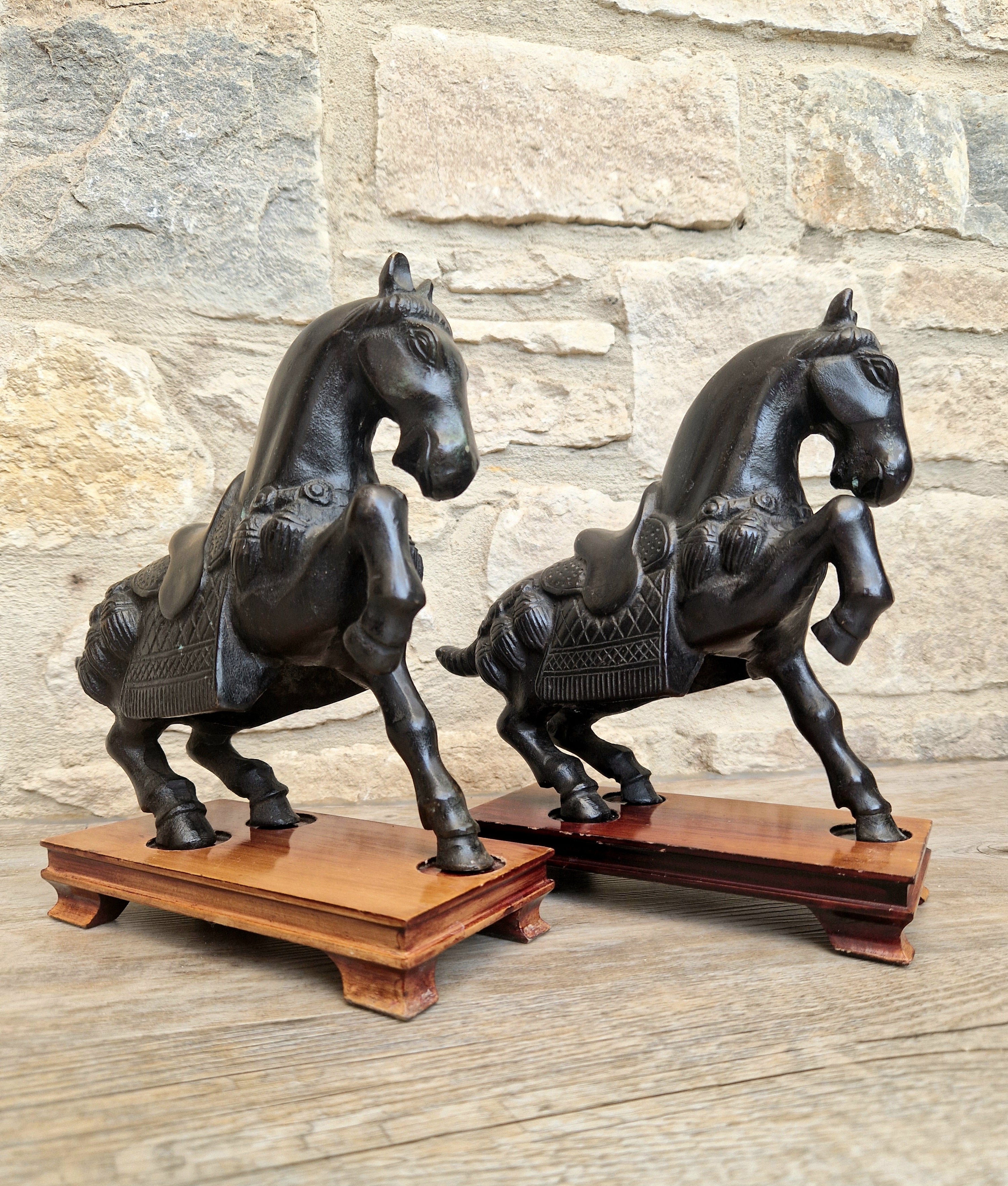 Fine Pair of Vintage Heavy Cast Bronze Tang-Style Chinese Horse Sculptures On Wooden Plinths