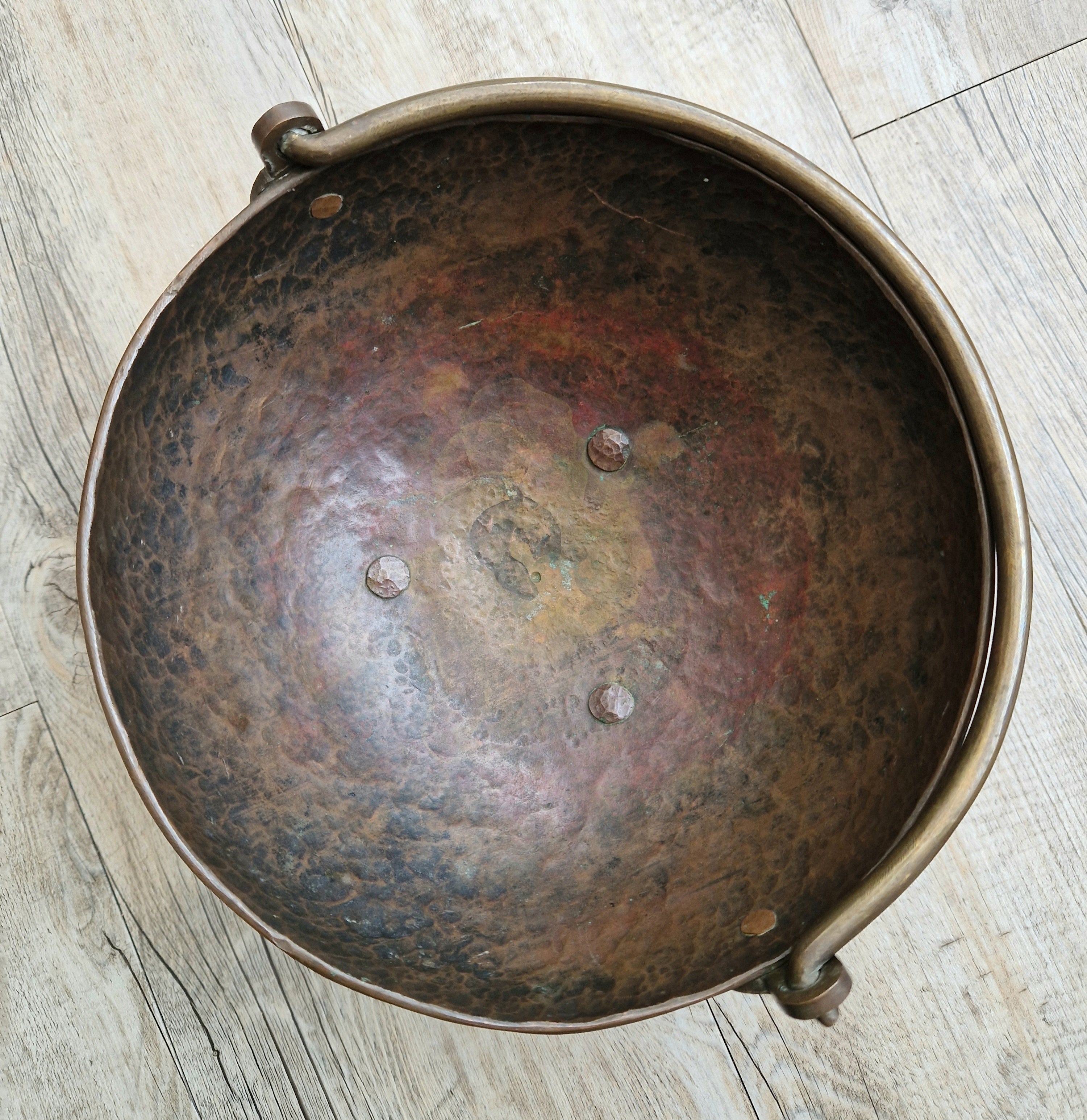 Antique Arts & Crafts Hand Beaten Solid Copper Brass Handled Tri-Foot Planter Bowl c.1890-1900's