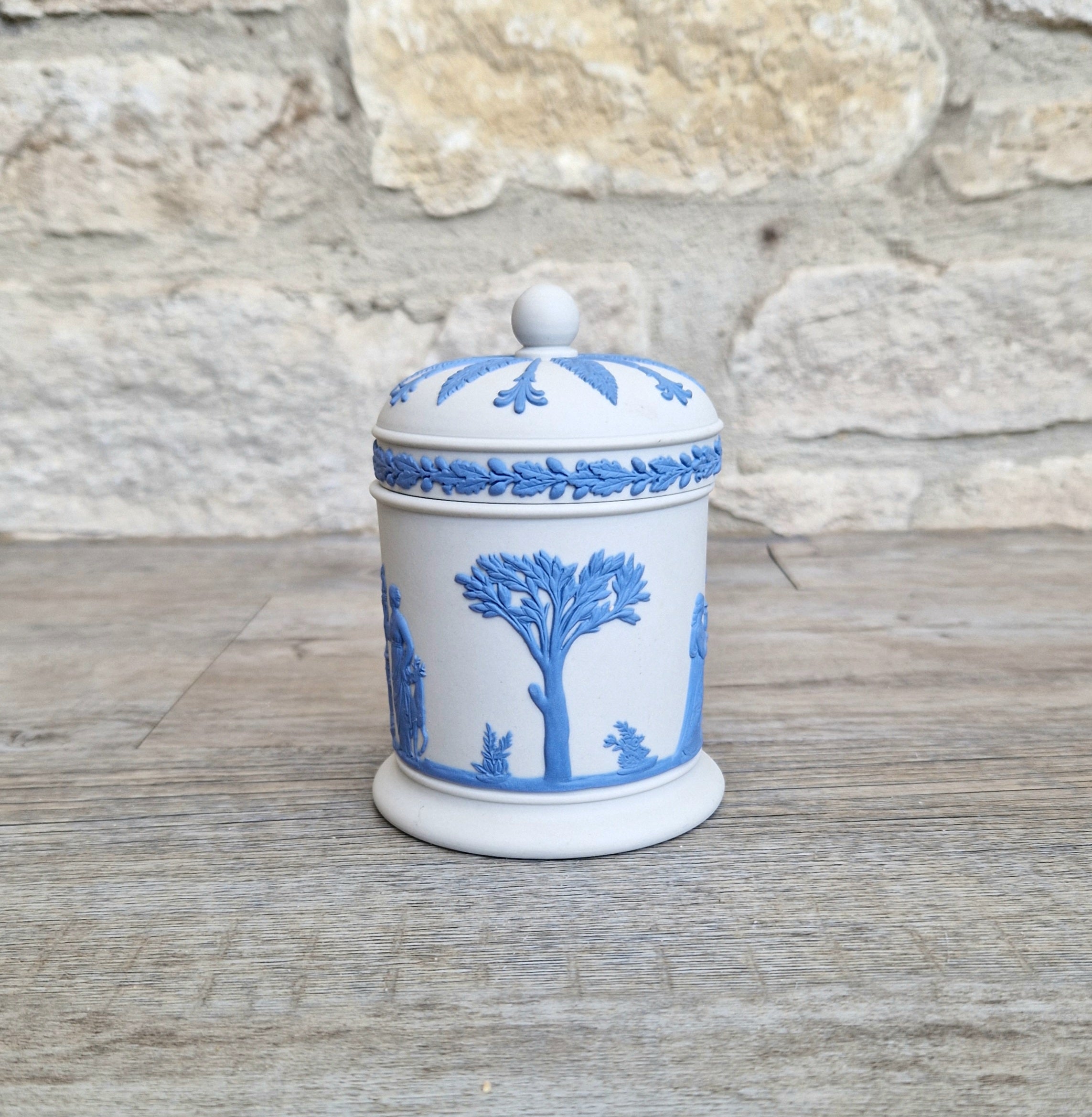 Wedgwood Jasperware Neo Classical Lidded Pot Reverse Blue on White Vintage Wedgwood Made in England
