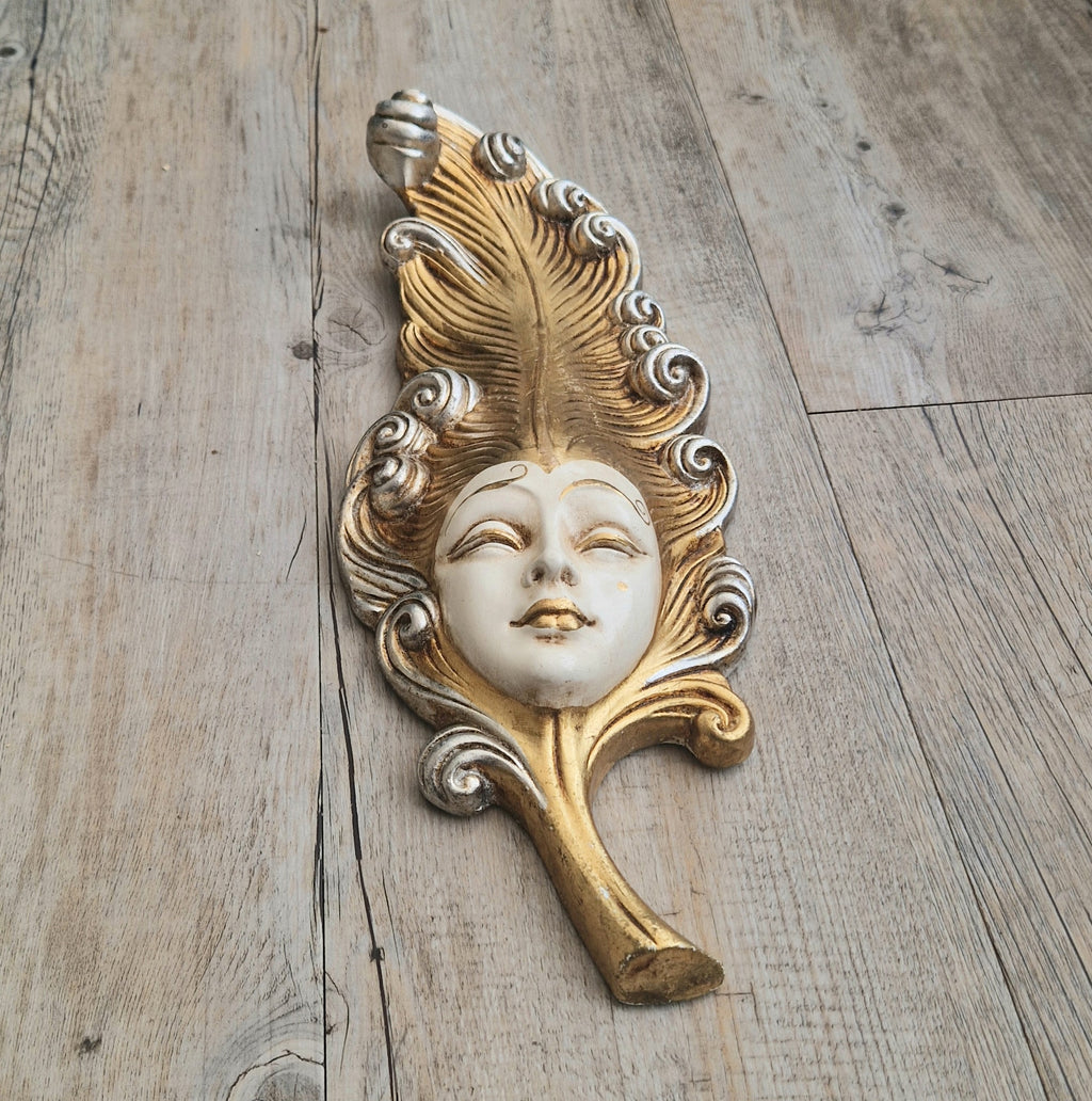 Vintage Venetian Wall Mask Feather Leaf Ceramic Gold Silver Made Italy 38cm Long