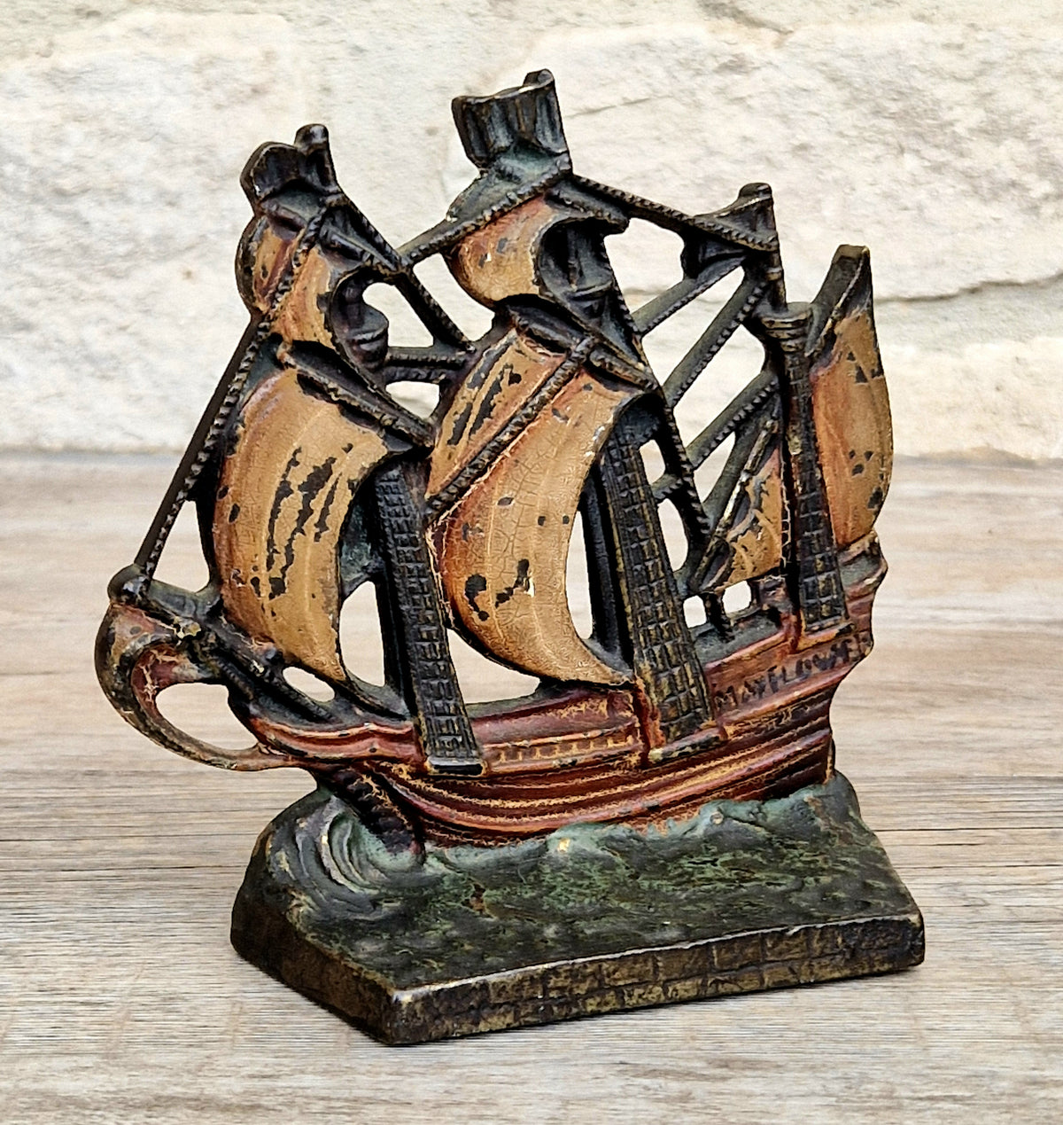 1920s Antique Sand Cast Bronze Mayflower Ship Bookend Paperweight Pattern 110 Original Paint