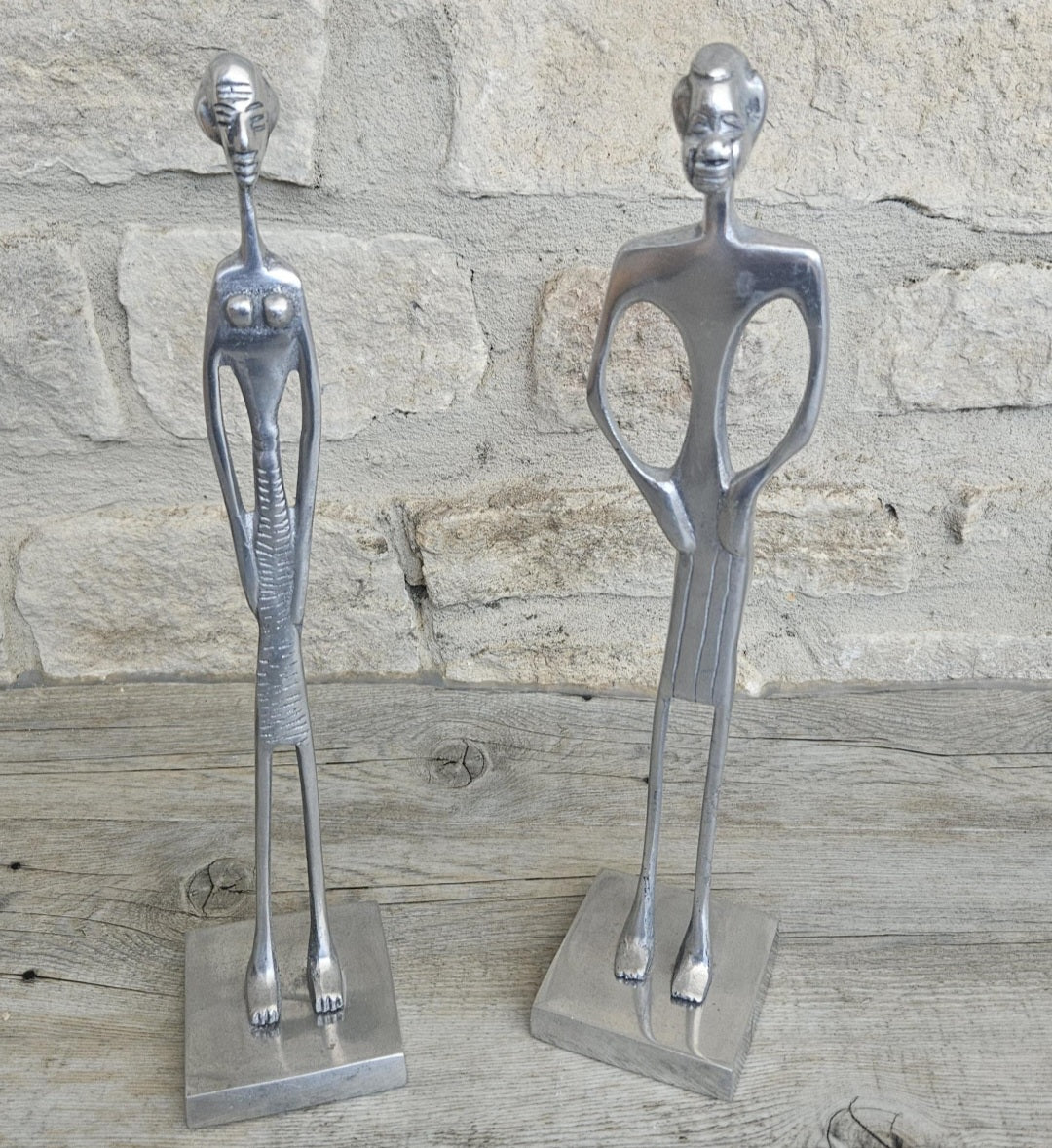 2 Aluminium Dogon Style Brass Art Figure Tall Skinny African Elongated Man 31cm Tall Lightweight