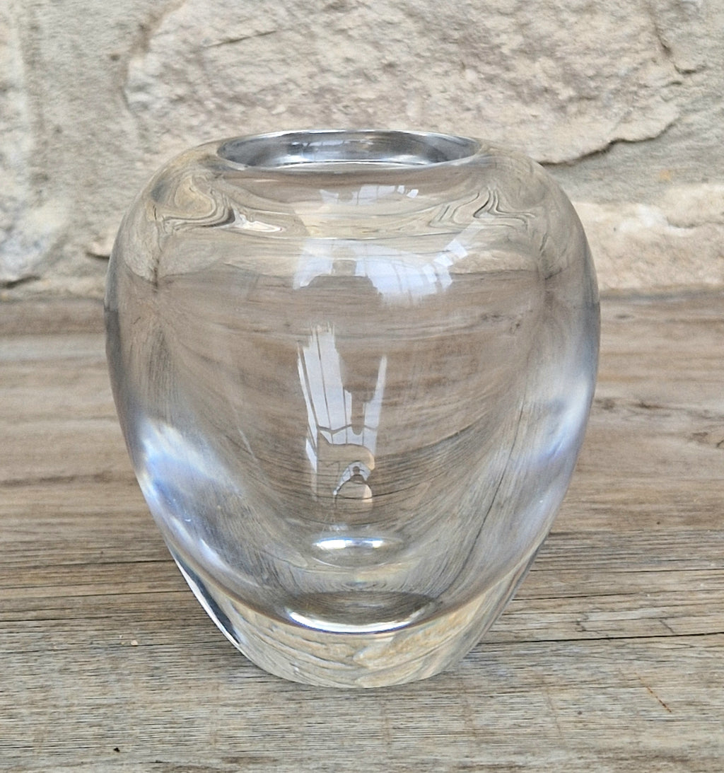Heavy Mid-Century Clear Hand-Blown Art Glass Ovoid Vase With Polished Frosted Ring Base