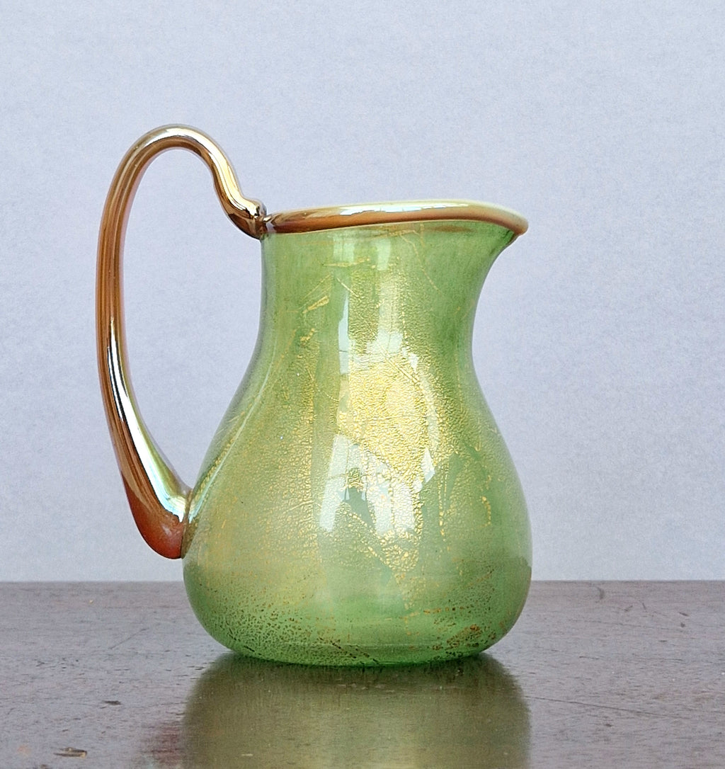 Antique Probable Salviati Dott. Murano Glass Jug, Green Gold Leaf, Venetian c.1875–1890, Handblown 13.5cm Rare