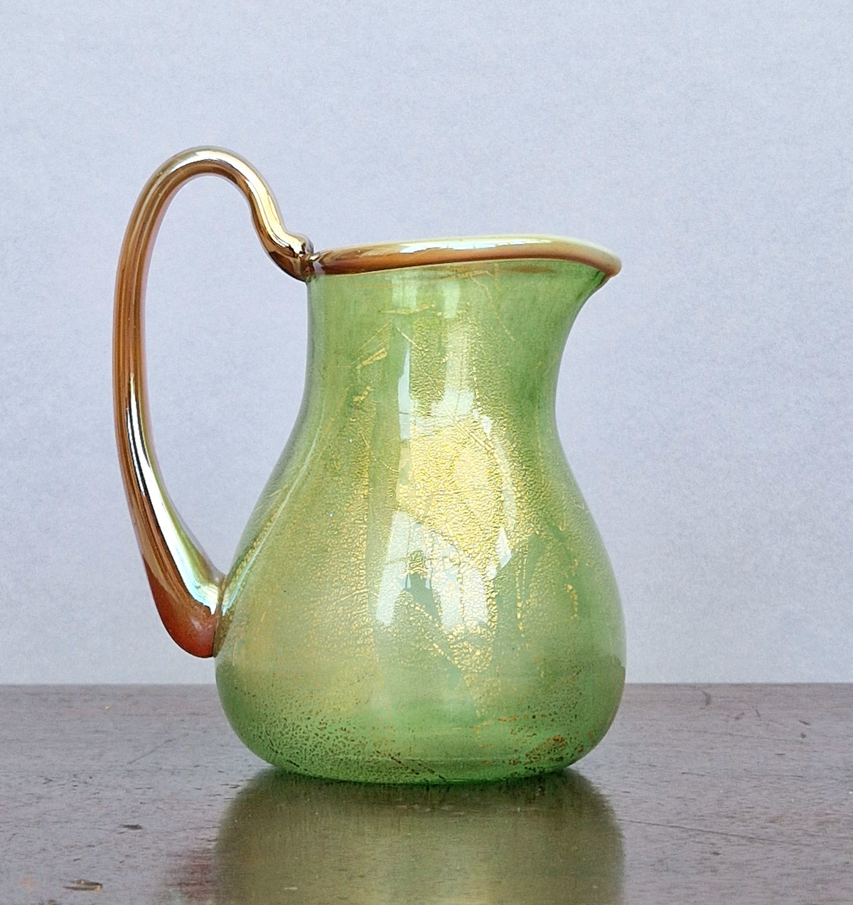Antique Probable Salviati Dott. Murano Glass Jug, Green Gold Leaf, Venetian c.1875–1890, Handblown 13.5cm Rare